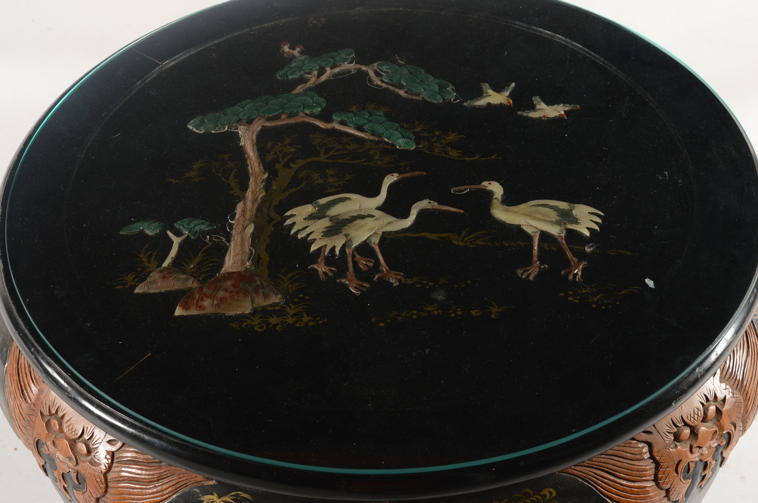 Vintage Chinese Black Lacquered Coffee Table with Nesting Stools