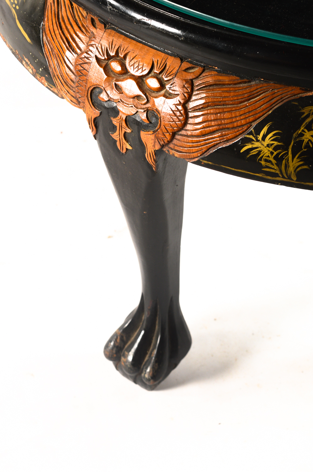 Vintage Chinese Black Lacquered Coffee Table with Nesting Stools