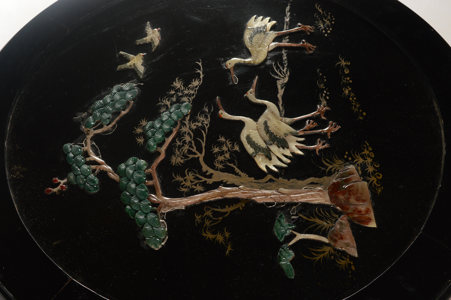 Vintage Chinese Black Lacquered Coffee Table with Nesting Stools