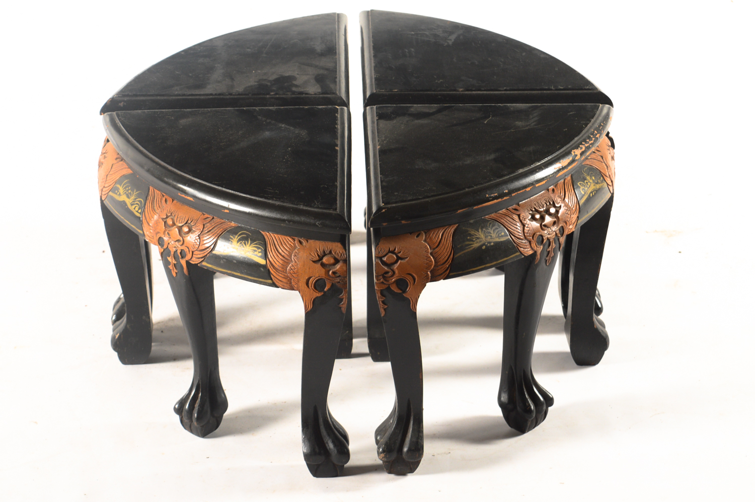 Vintage Chinese Black Lacquered Coffee Table with Nesting Stools