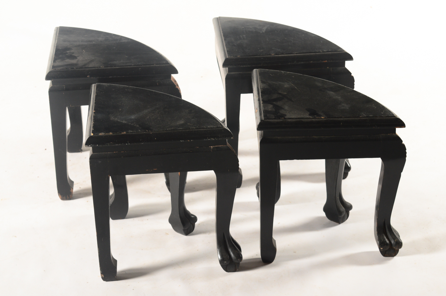 Vintage Chinese Black Lacquered Coffee Table with Nesting Stools