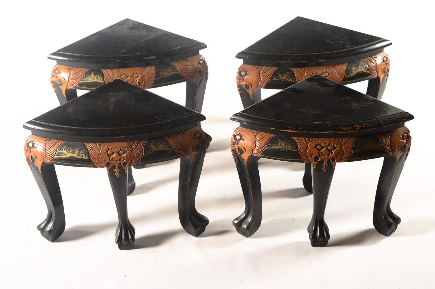 Vintage Chinese Black Lacquered Coffee Table with Nesting Stools