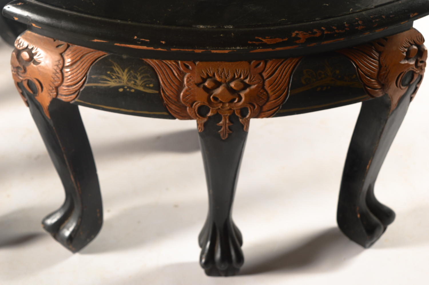 Vintage Chinese Black Lacquered Coffee Table with Nesting Stools