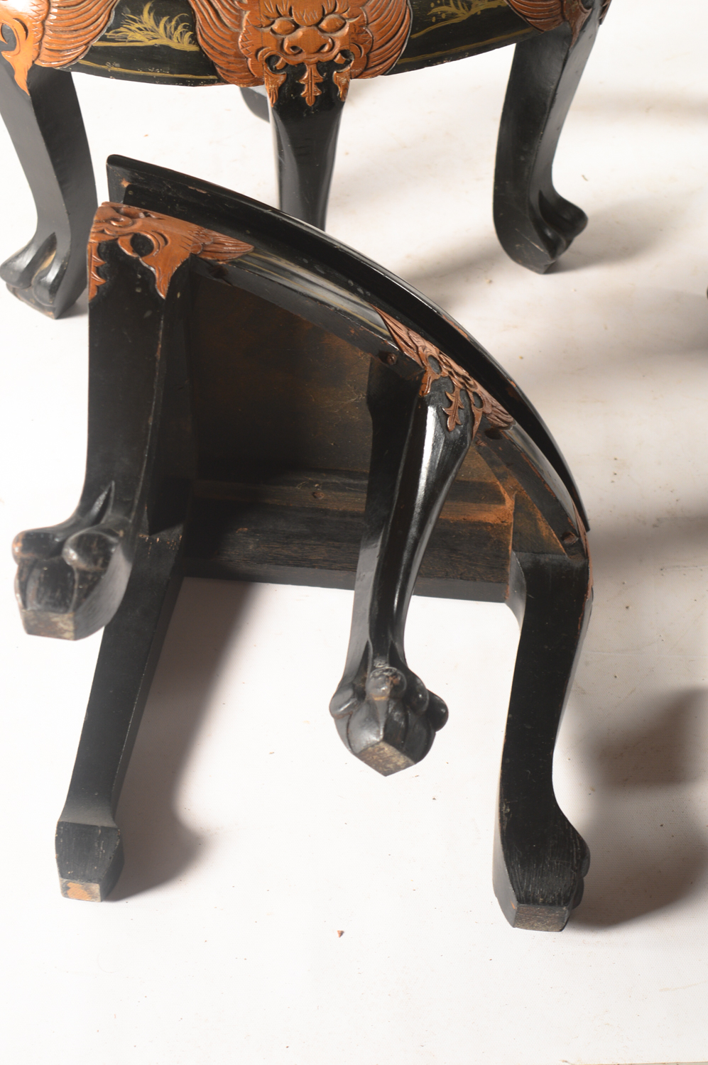 Vintage Chinese Black Lacquered Coffee Table with Nesting Stools