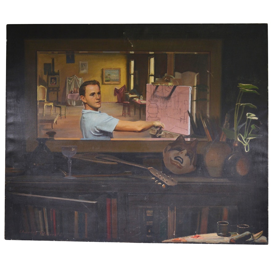 Edmond J. Fitzgerald Oil Painting of the Artist in His Studio