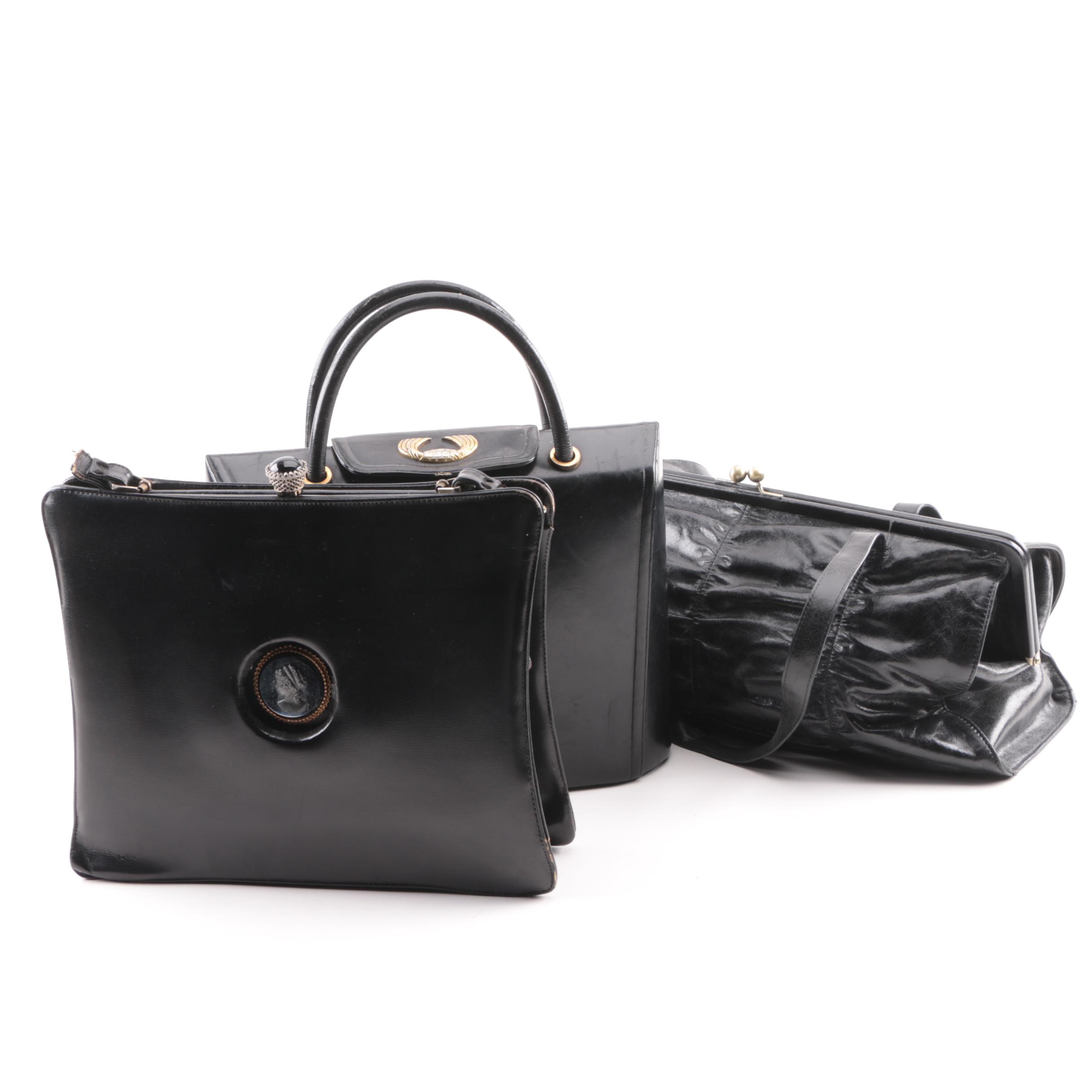 Mid-Century Leather Black Leather Handbags Including Bienen-Davis