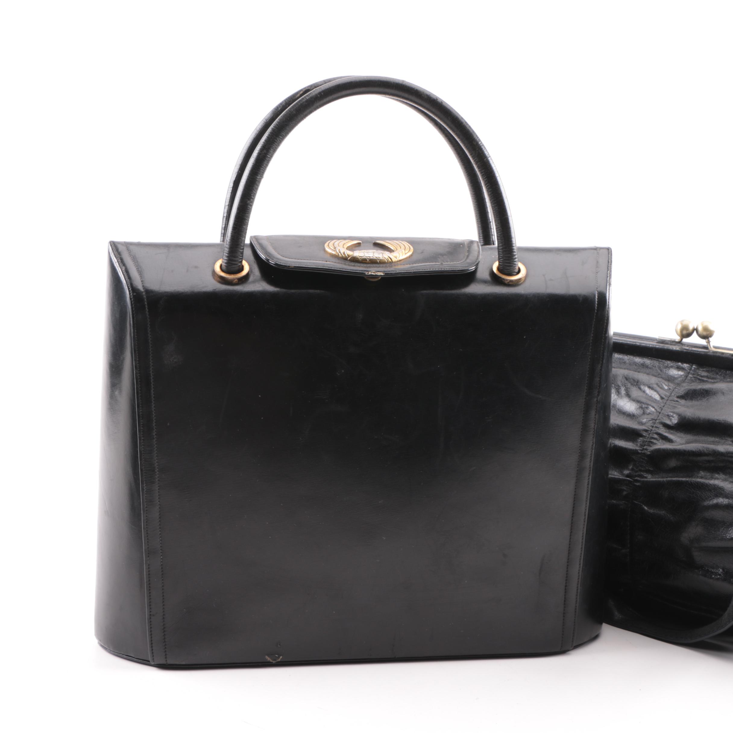 Mid-Century Leather Black Leather Handbags Including Bienen-Davis