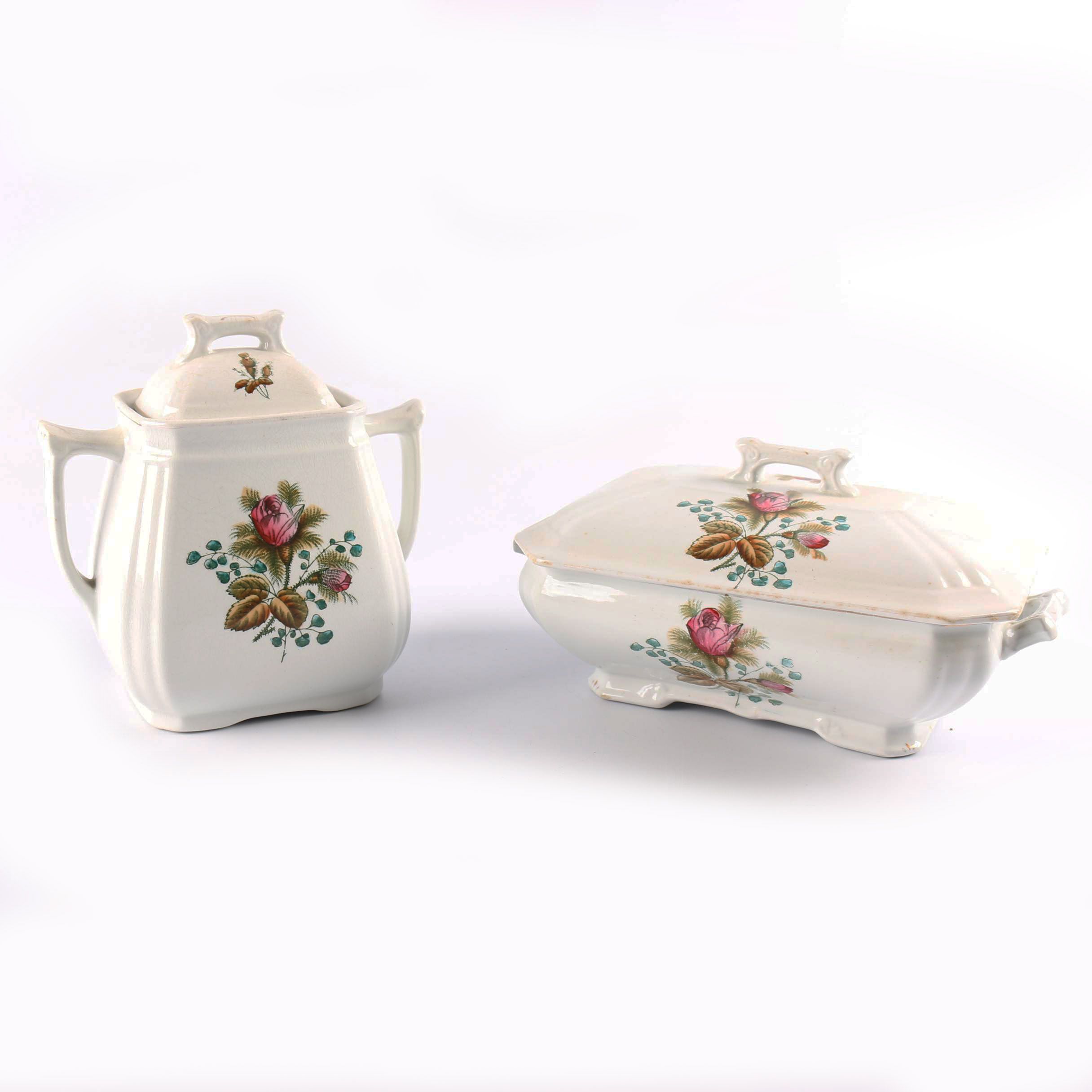 Antique Alfred Meakin Ironstone China "Moss Rose" Serving Dishes