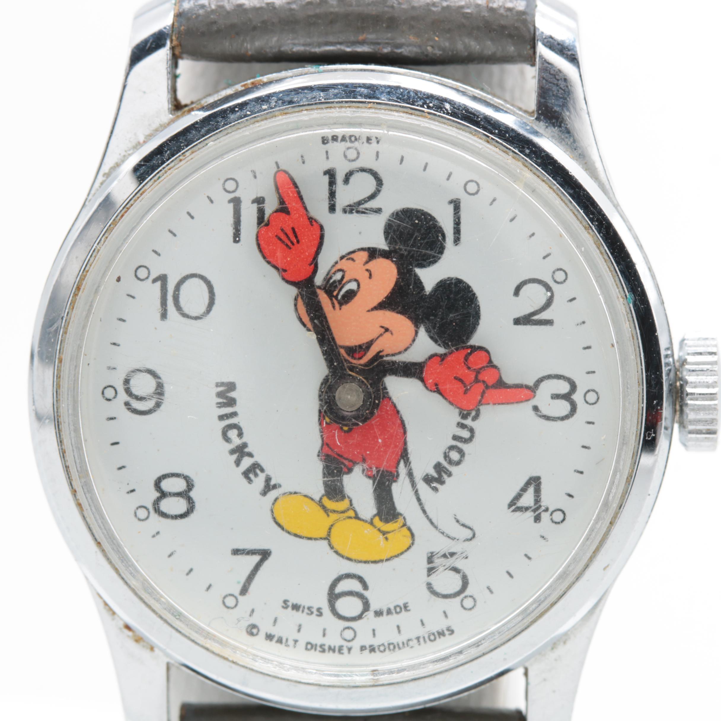 Bradley Mickey Mouse Silver Tone and Leather Analog Watch