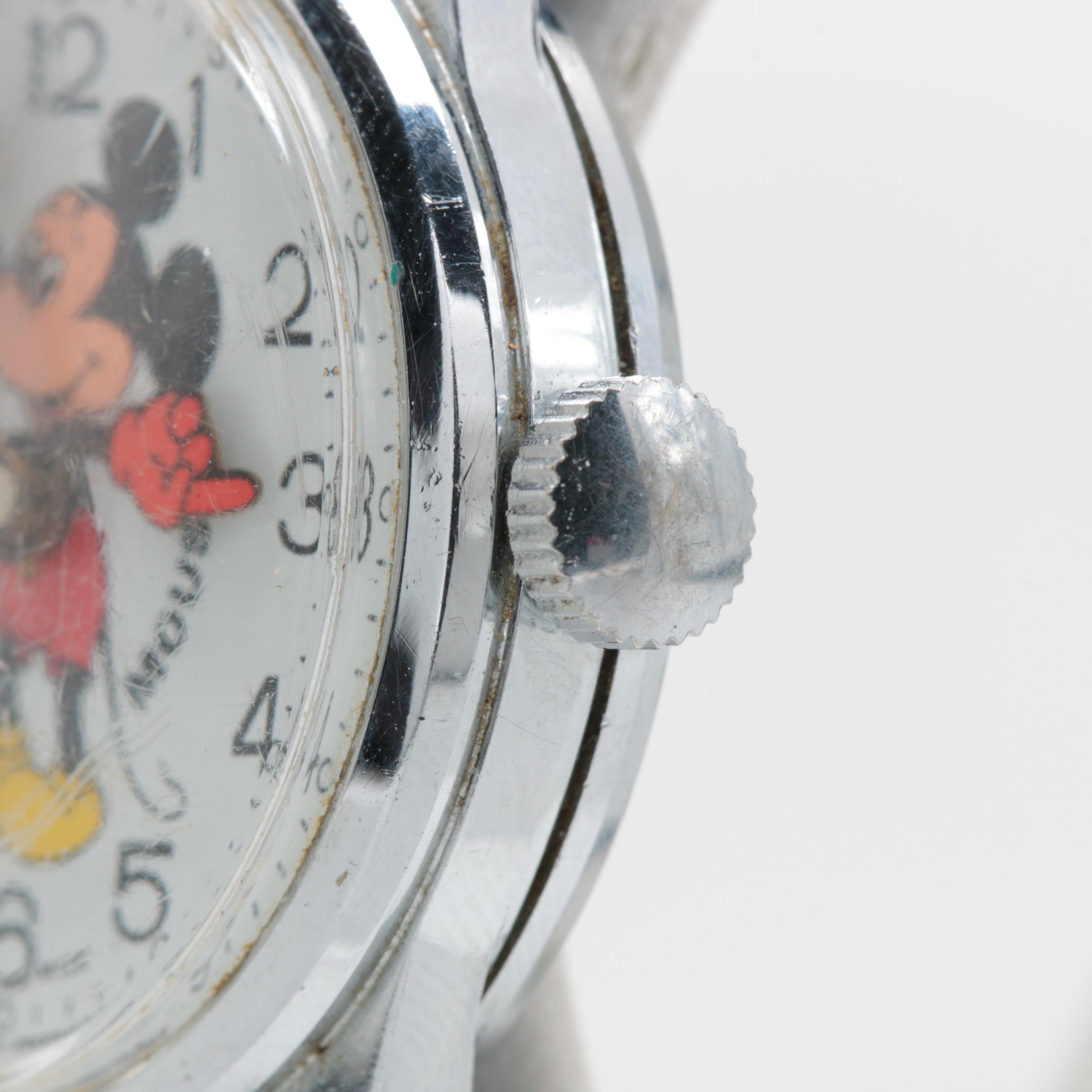 Bradley Mickey Mouse Silver Tone and Leather Analog Watch