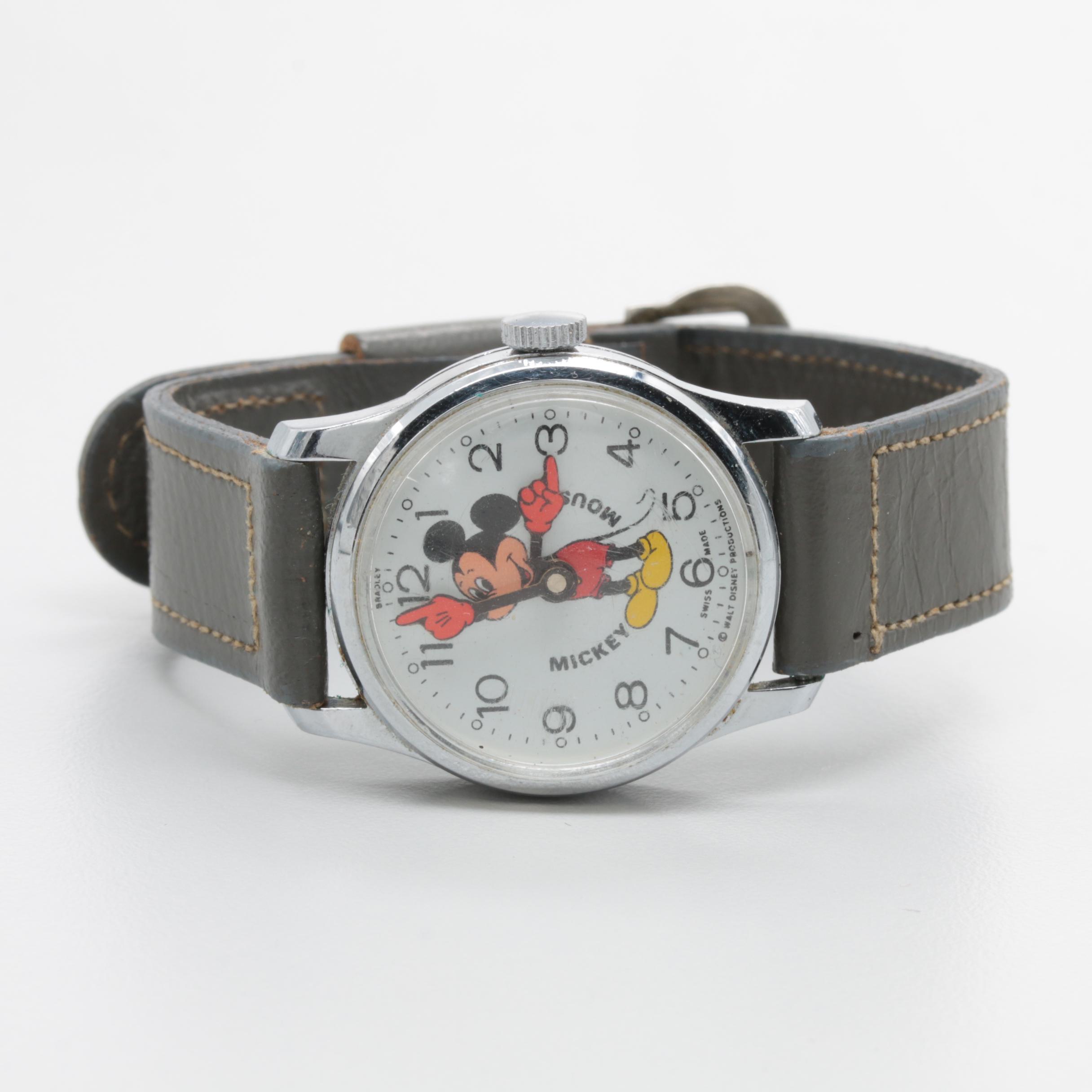 Bradley Mickey Mouse Silver Tone and Leather Analog Watch