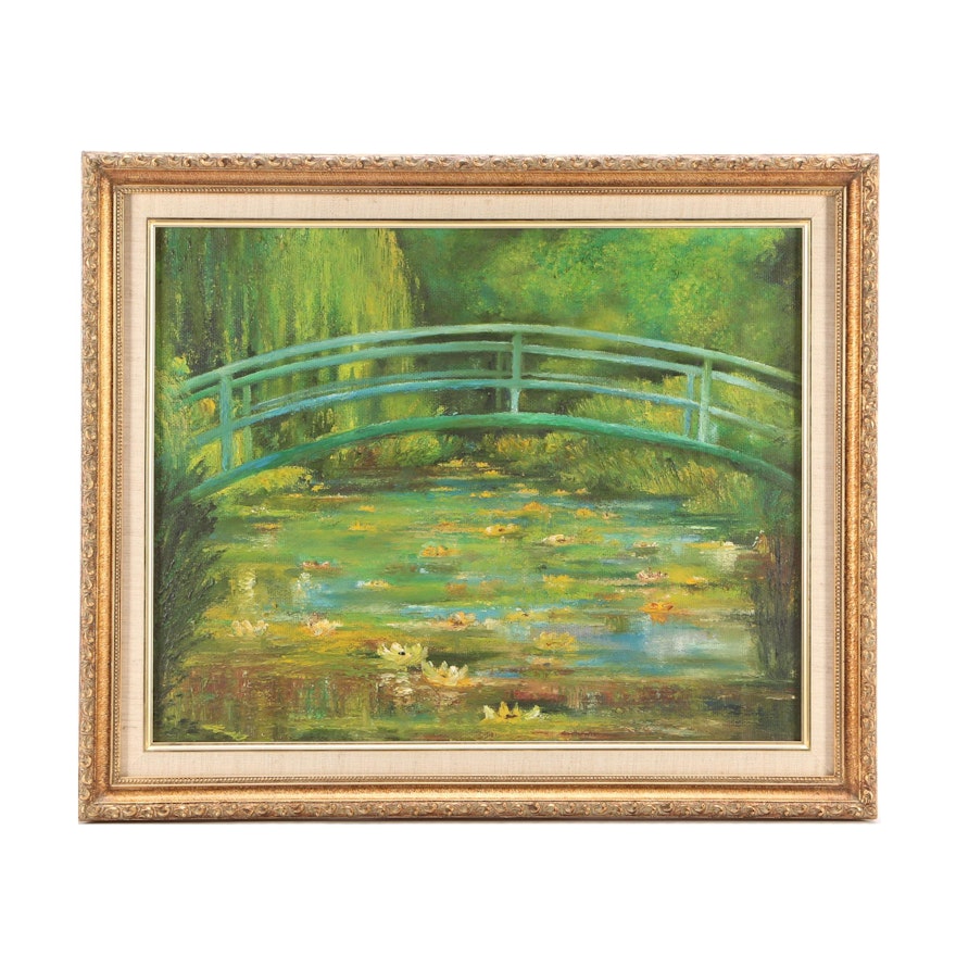 Oil Painting of Bridge over Pond with Water Lilies
