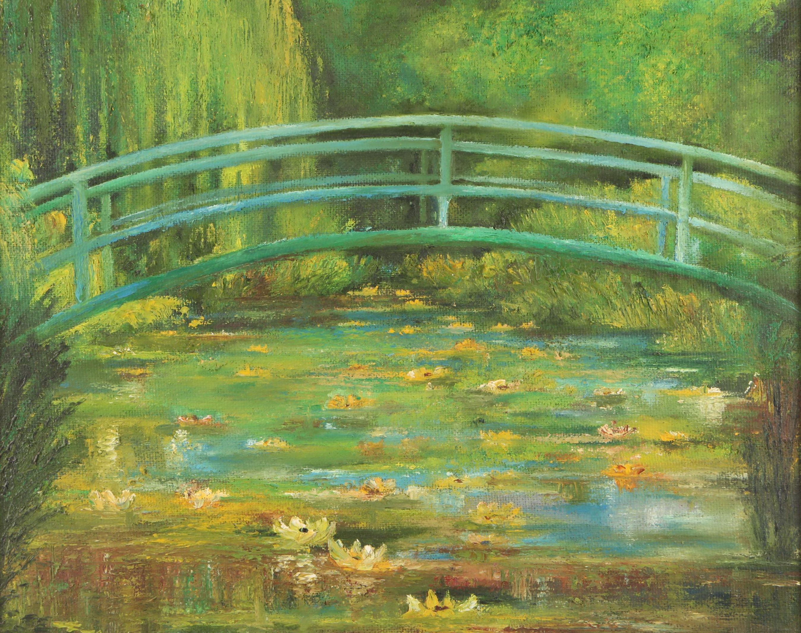 Oil Painting of Bridge over Pond with Water Lilies