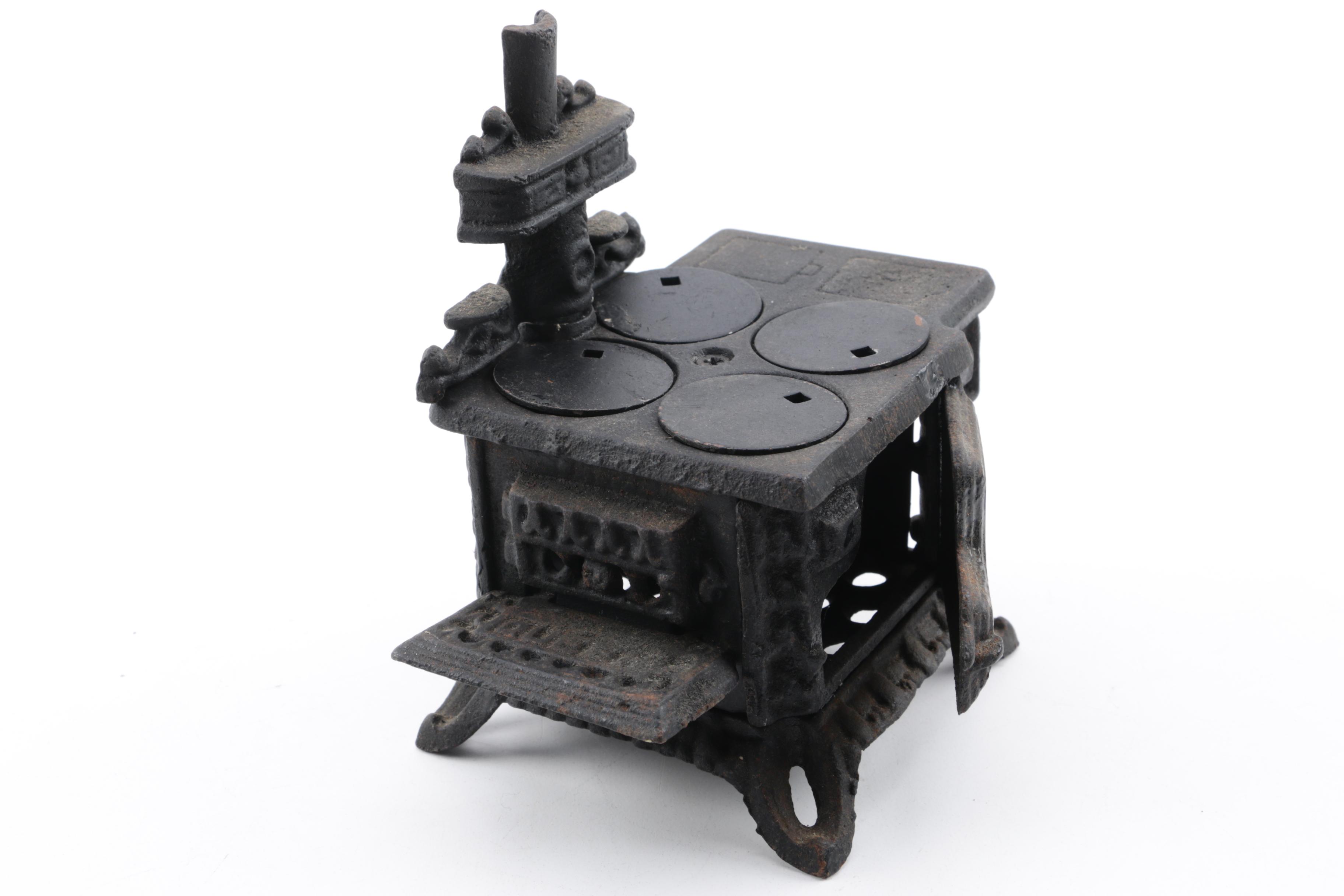 Reproduction Queen Cast Iron Miniature Stove and Vintage ACW Sad Iron