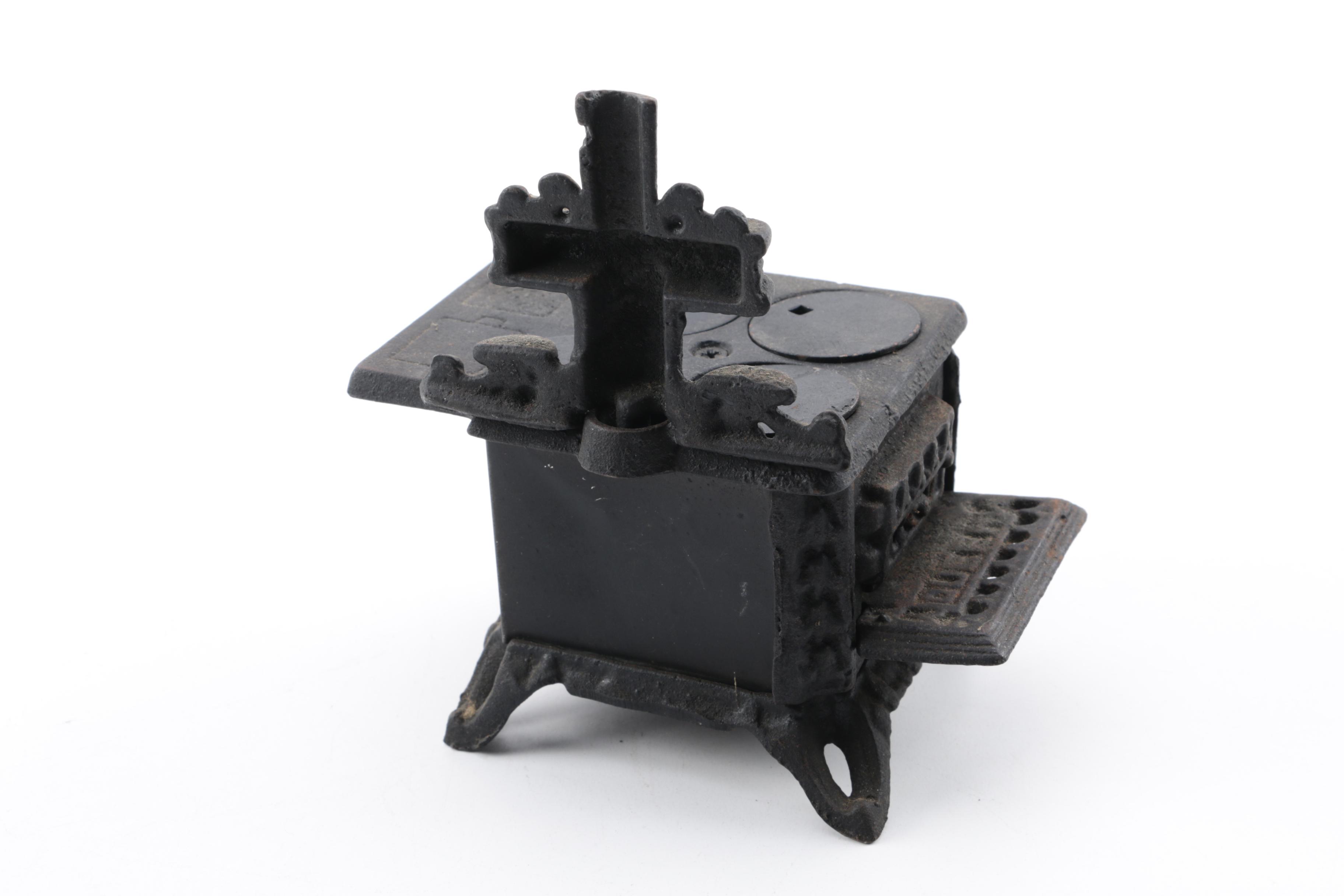 Reproduction Queen Cast Iron Miniature Stove and Vintage ACW Sad Iron