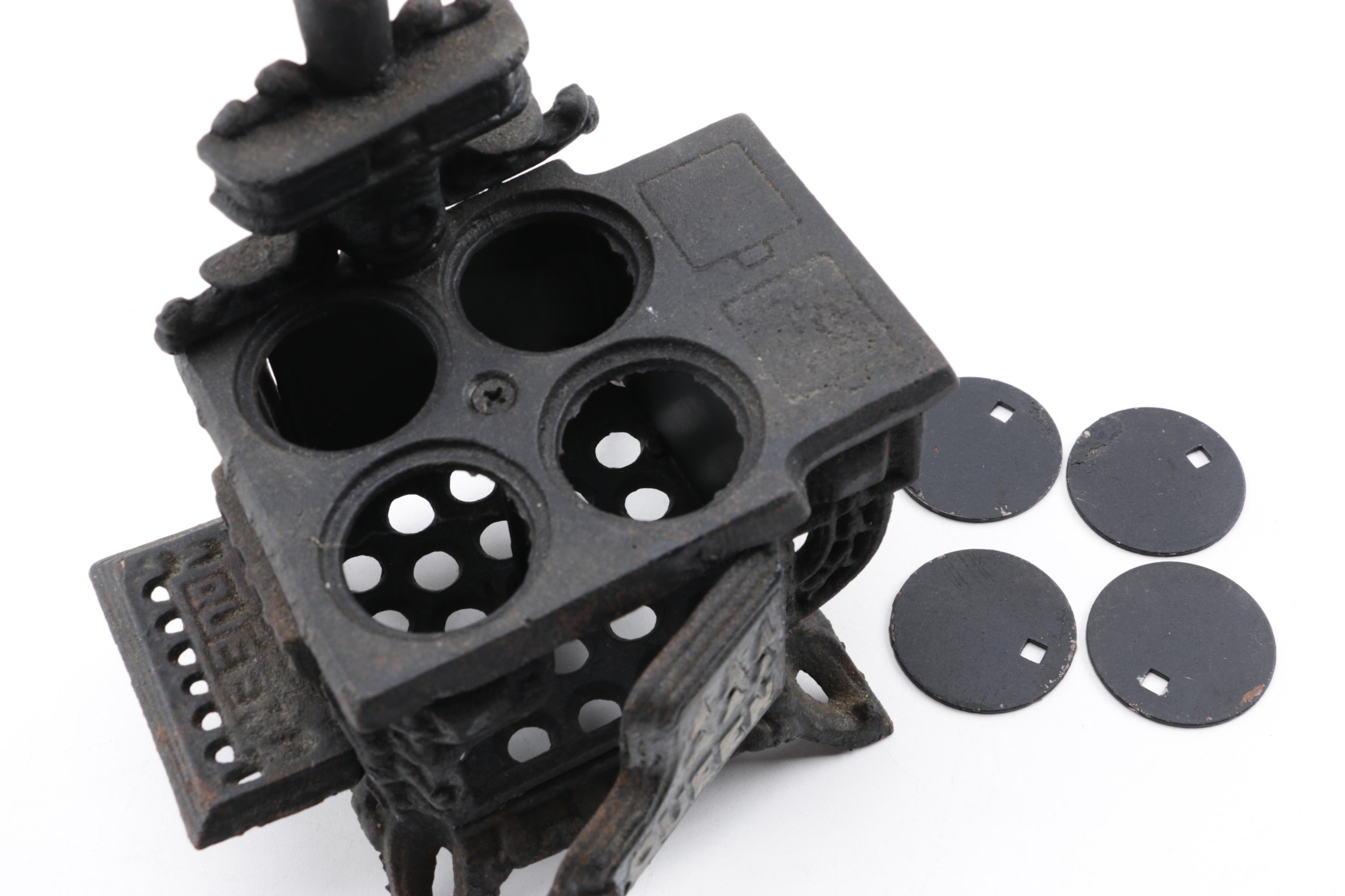 Reproduction Queen Cast Iron Miniature Stove and Vintage ACW Sad Iron