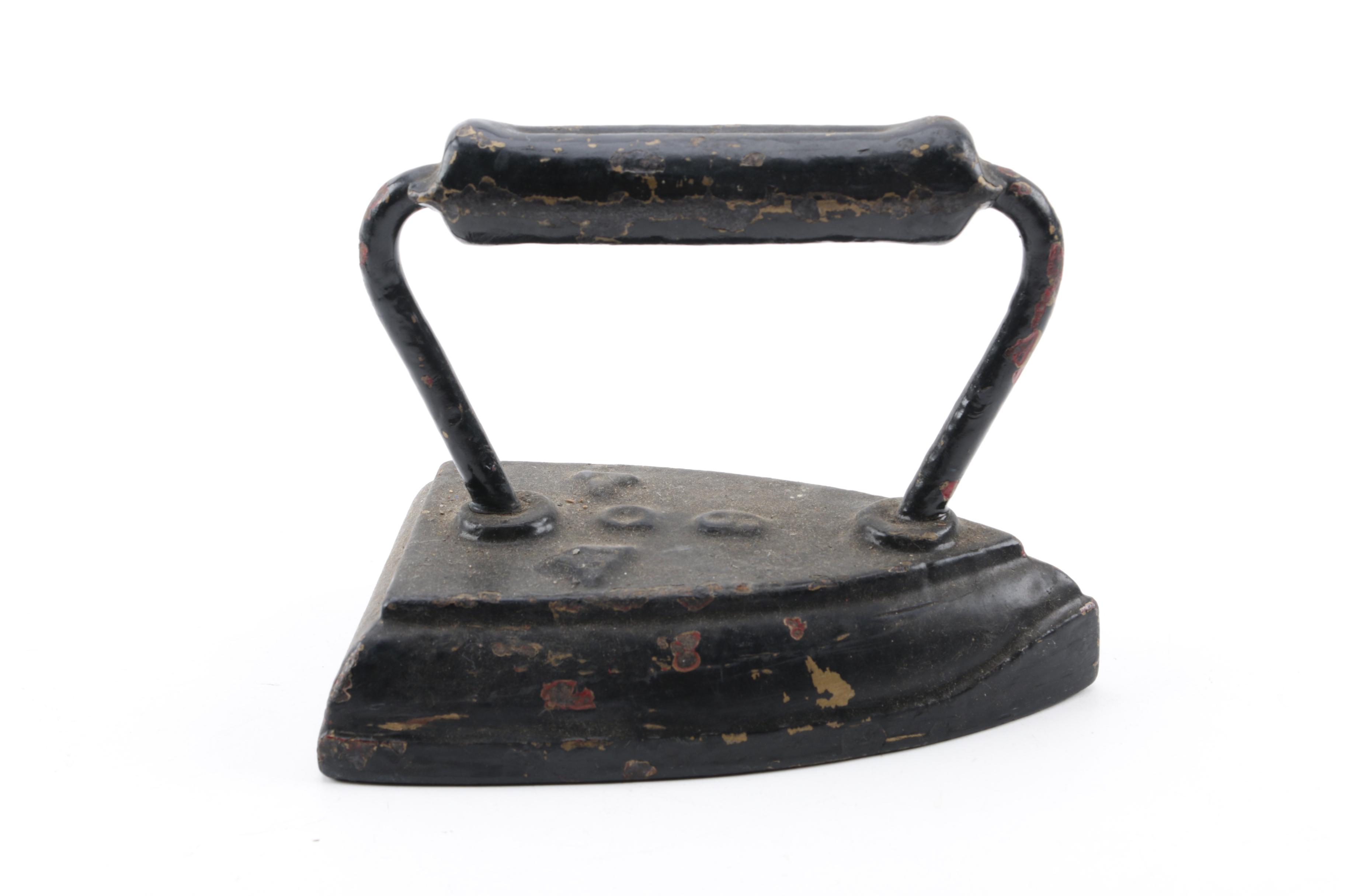 Reproduction Queen Cast Iron Miniature Stove and Vintage ACW Sad Iron