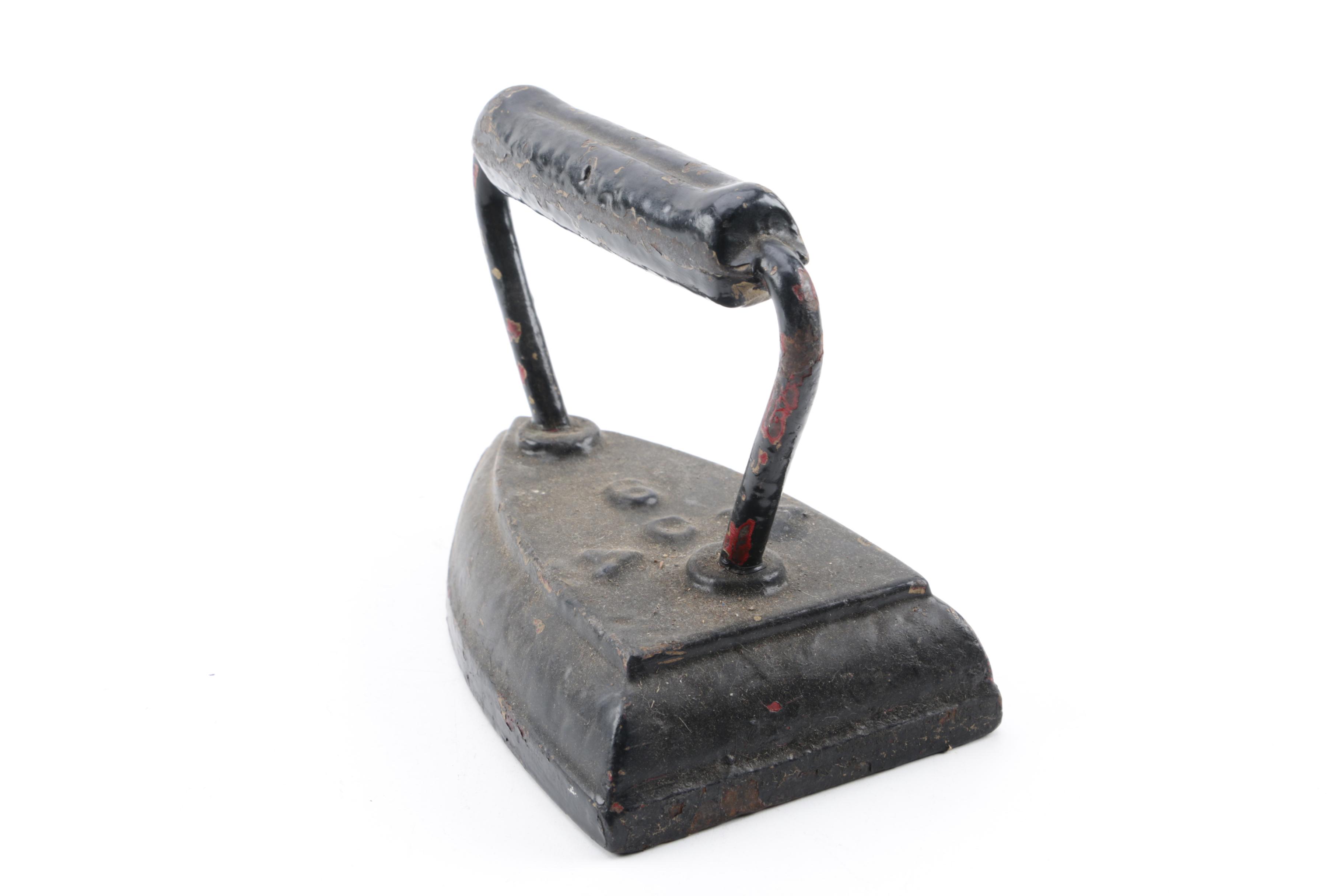 Reproduction Queen Cast Iron Miniature Stove and Vintage ACW Sad Iron