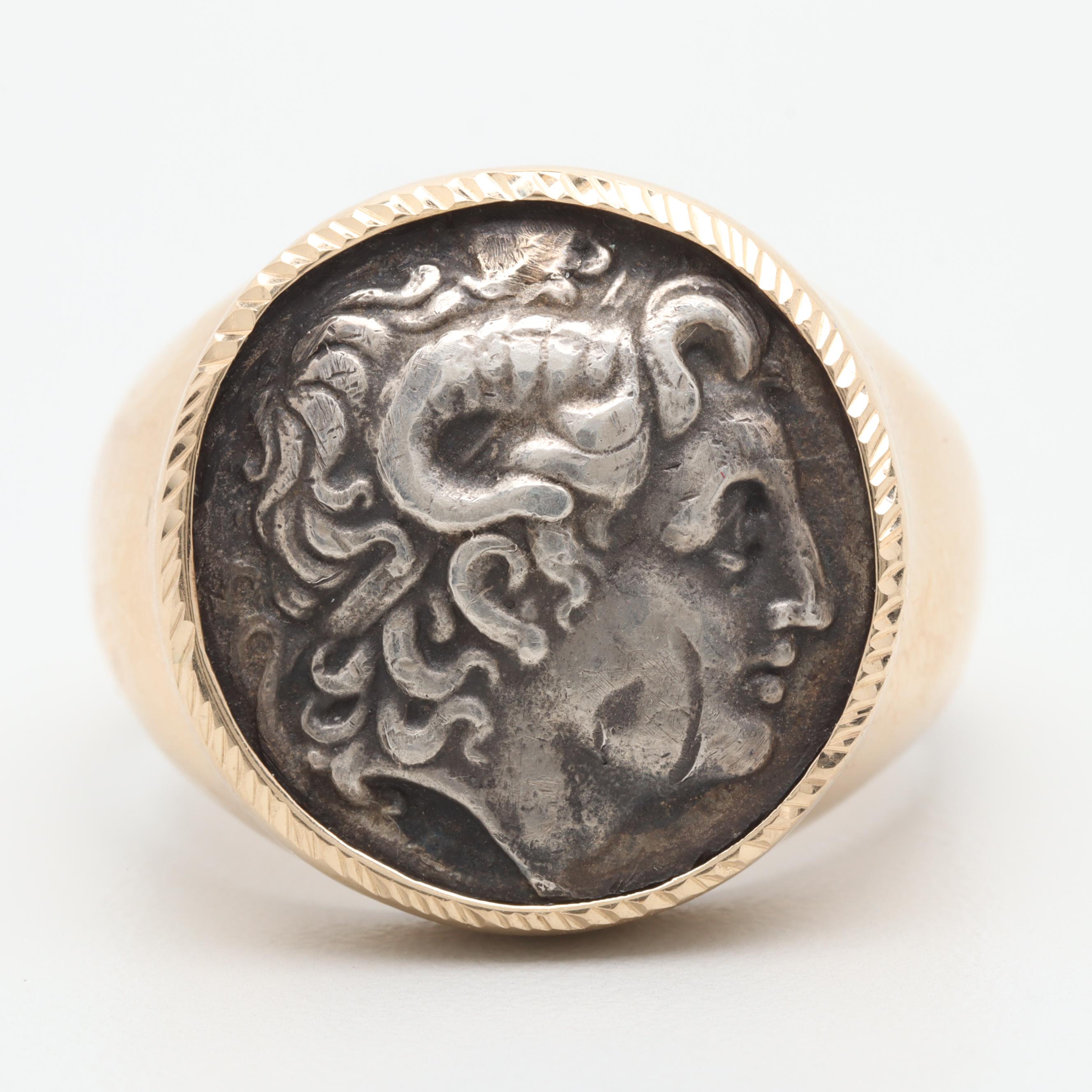 14K Yellow Gold Ring with Silver Reproduction Ancient Greek Drachm