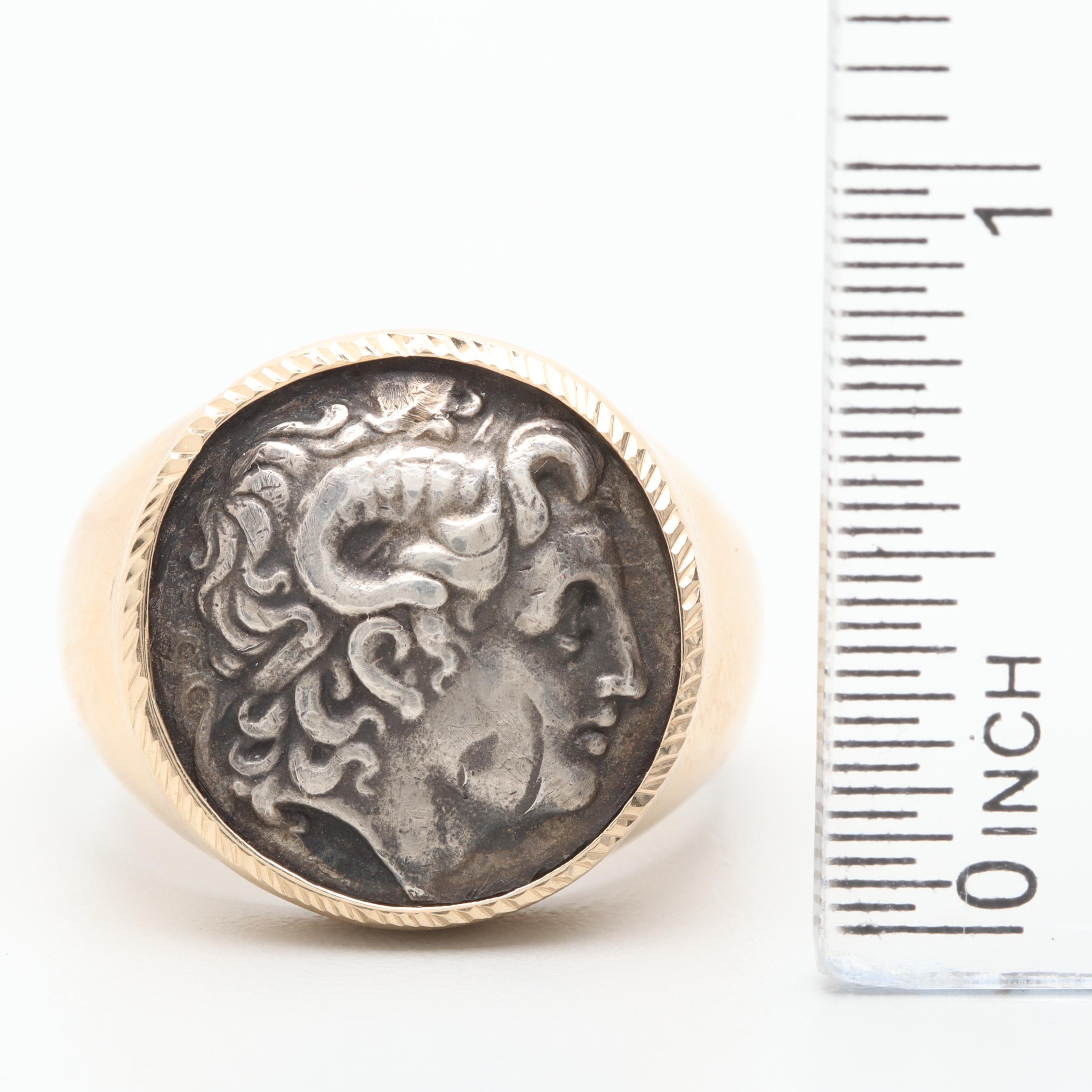 14K Yellow Gold Ring with Silver Reproduction Ancient Greek Drachm