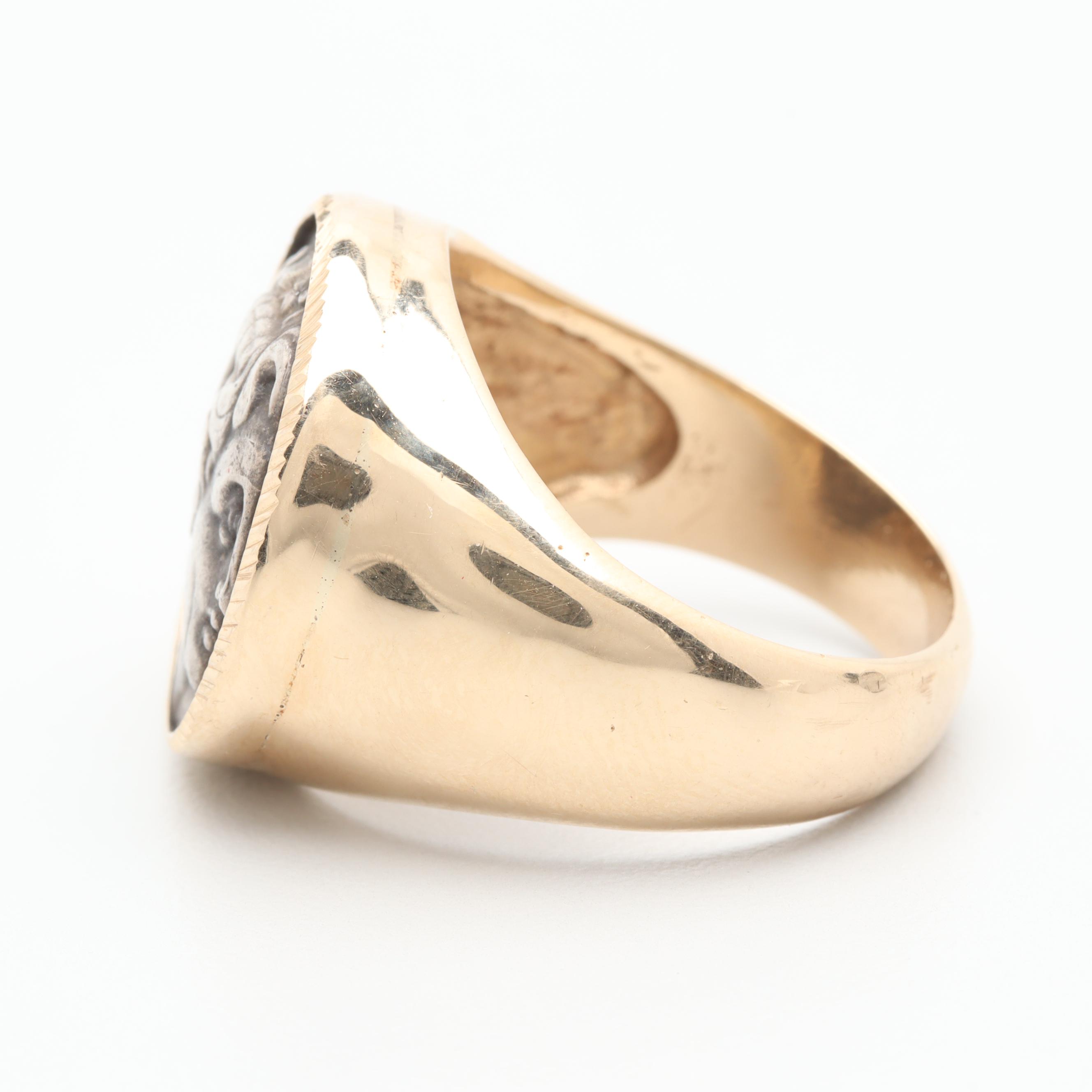 14K Yellow Gold Ring with Silver Reproduction Ancient Greek Drachm