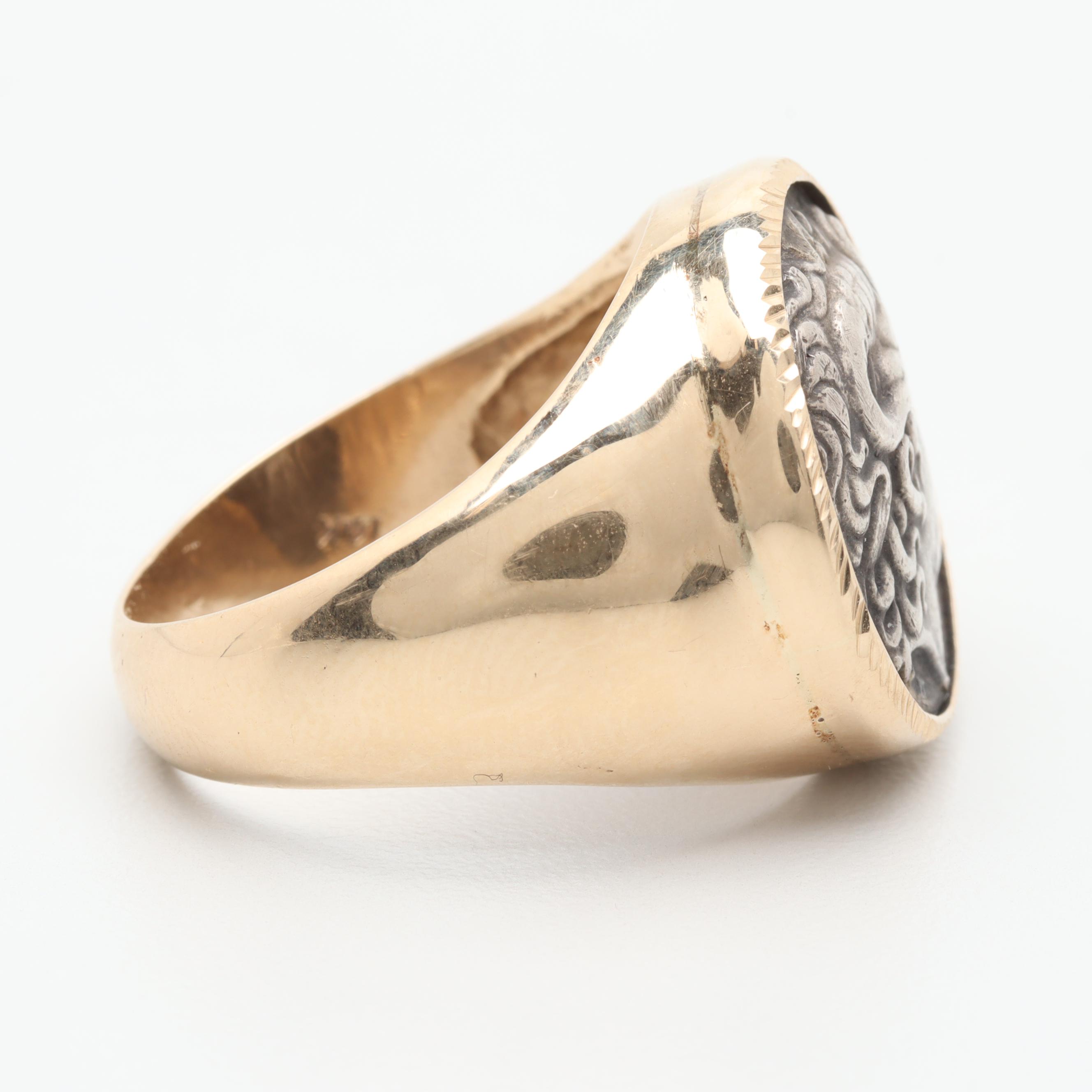 14K Yellow Gold Ring with Silver Reproduction Ancient Greek Drachm