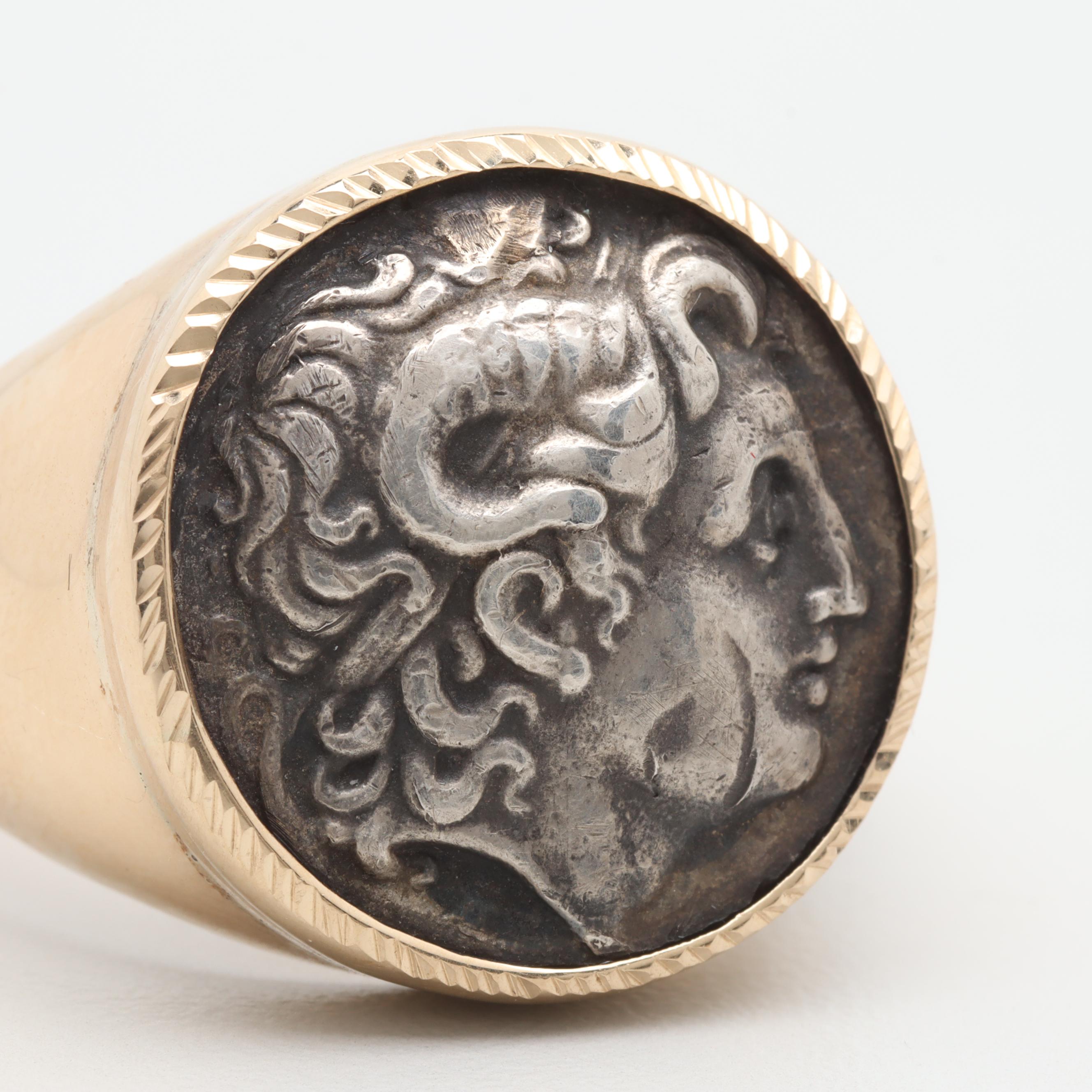 14K Yellow Gold Ring with Silver Reproduction Ancient Greek Drachm