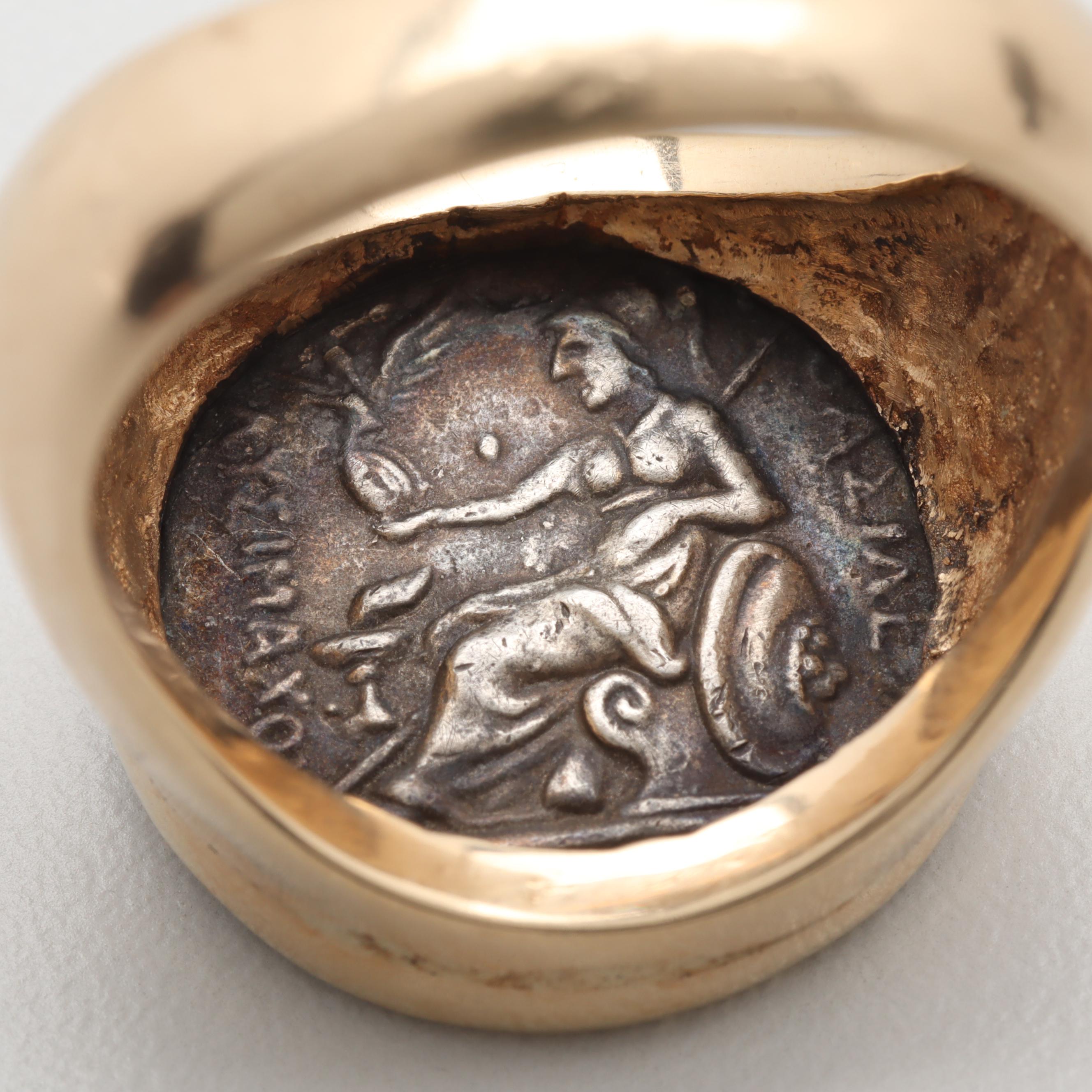 14K Yellow Gold Ring with Silver Reproduction Ancient Greek Drachm