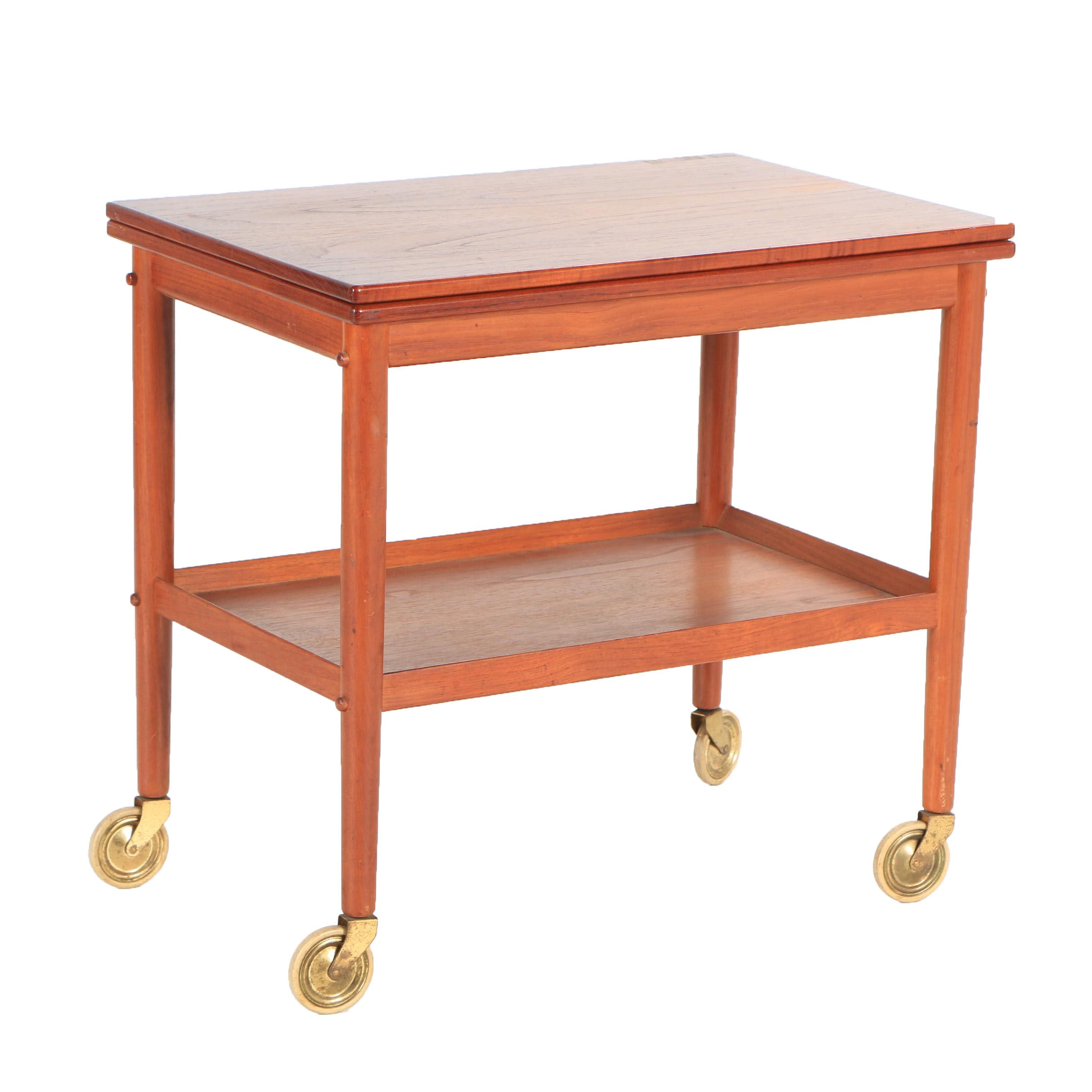 Danish Modern Style Teak Bar Cart with Rotating Fold Open Top