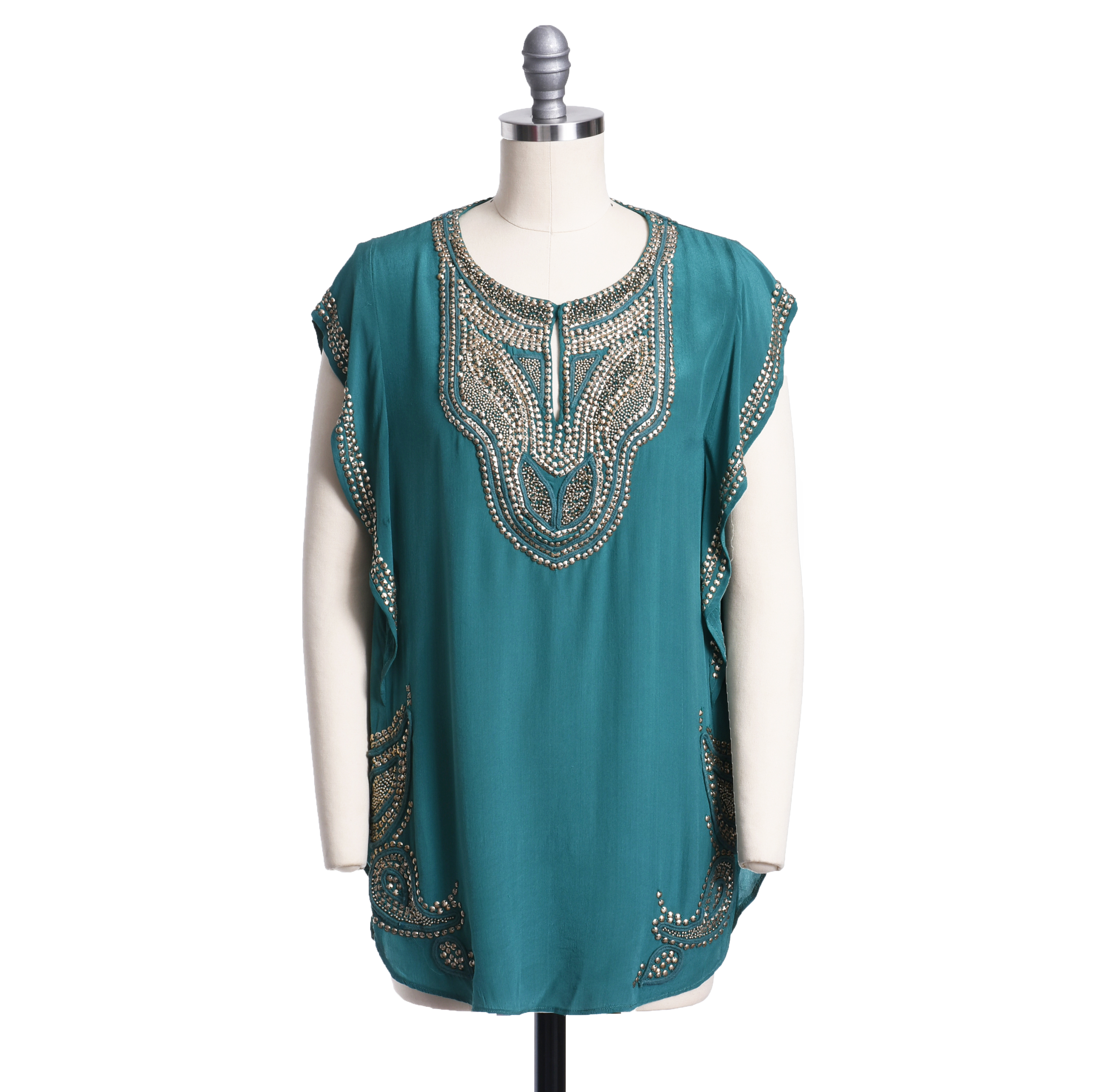 Calypso St. Barth Embellished Teal Silk Top and Lotus Creations Silk Wrap Skirt
