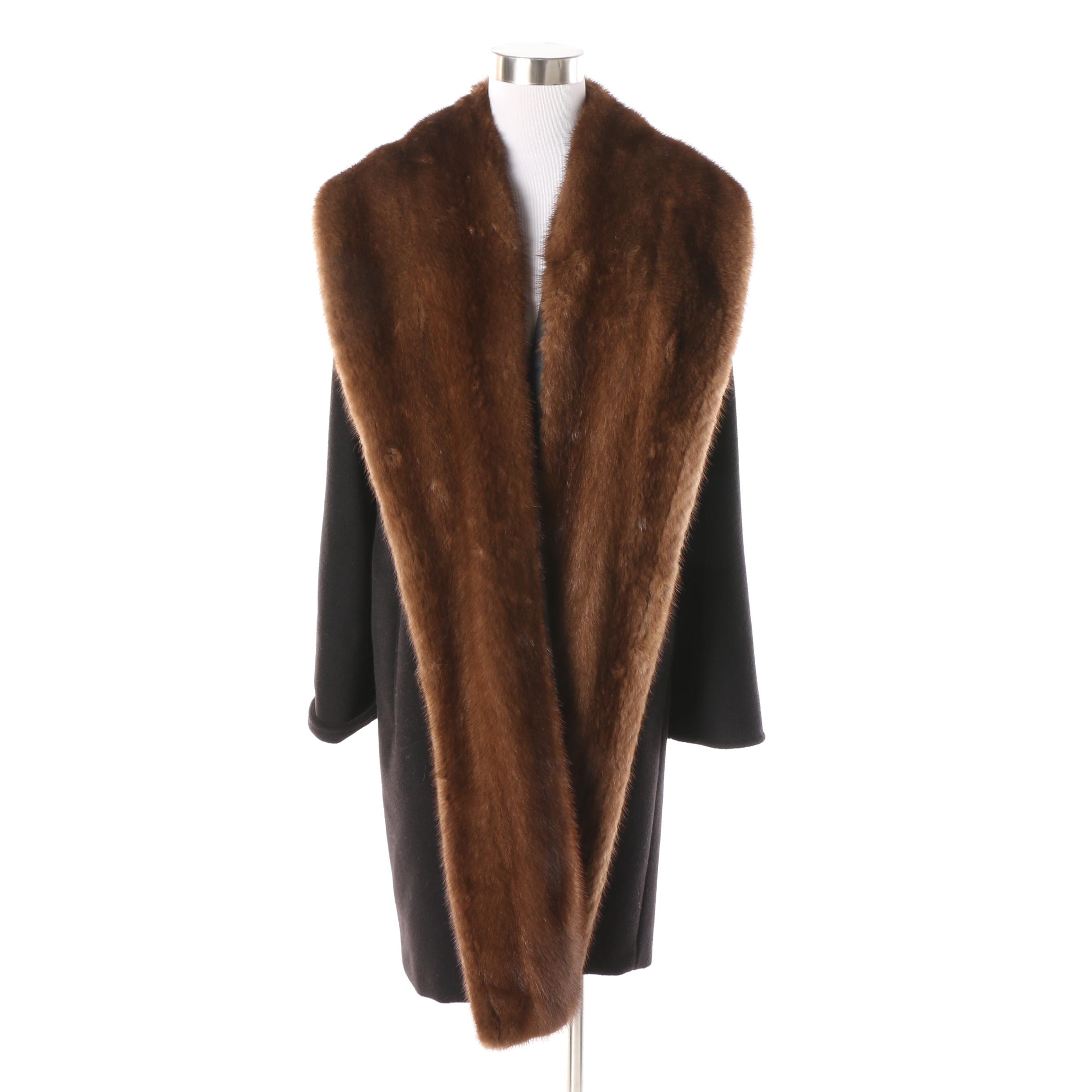 Women's Max Mara Black Wool Blend Coat with Mink Fur Collar
