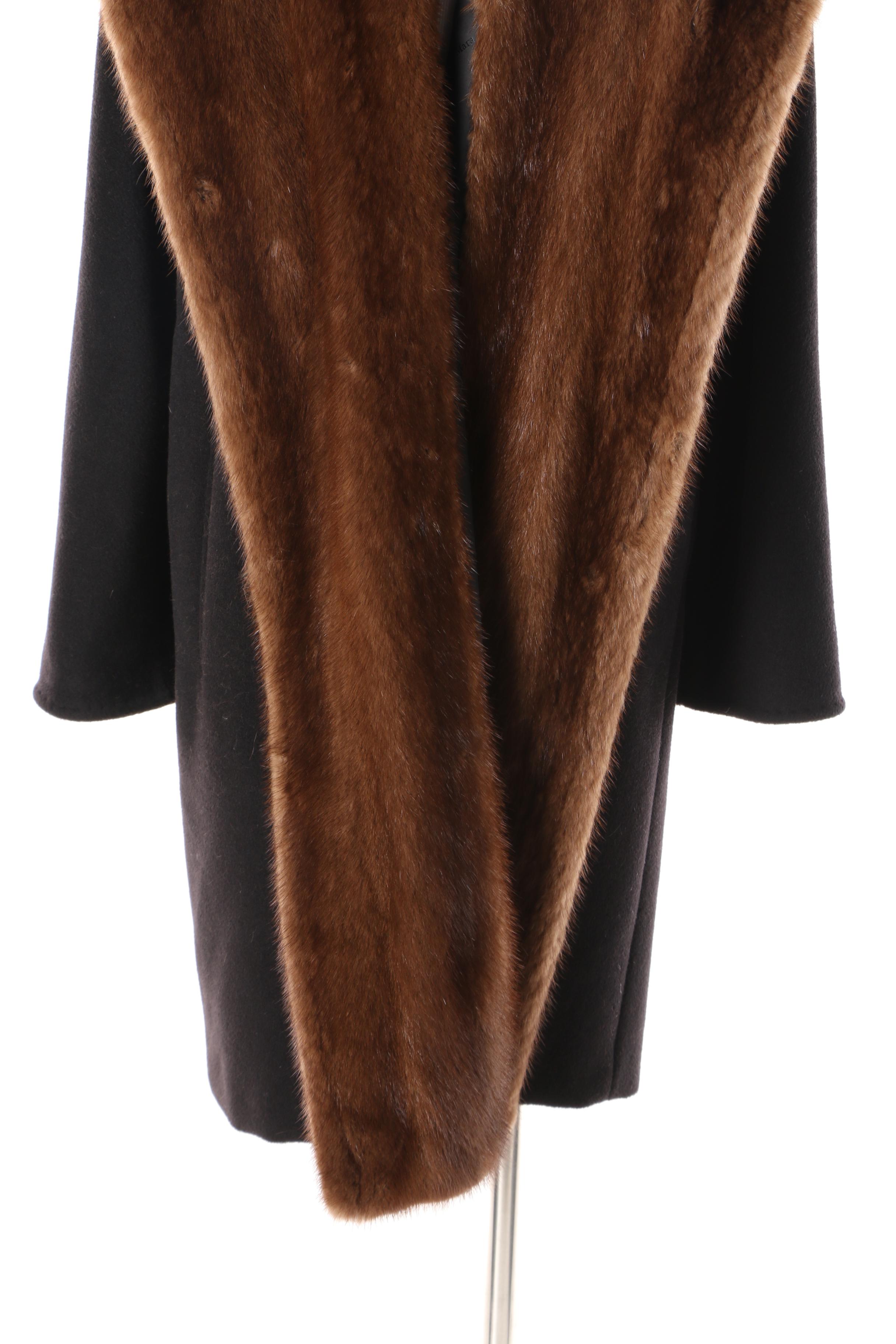 Women's Max Mara Black Wool Blend Coat with Mink Fur Collar
