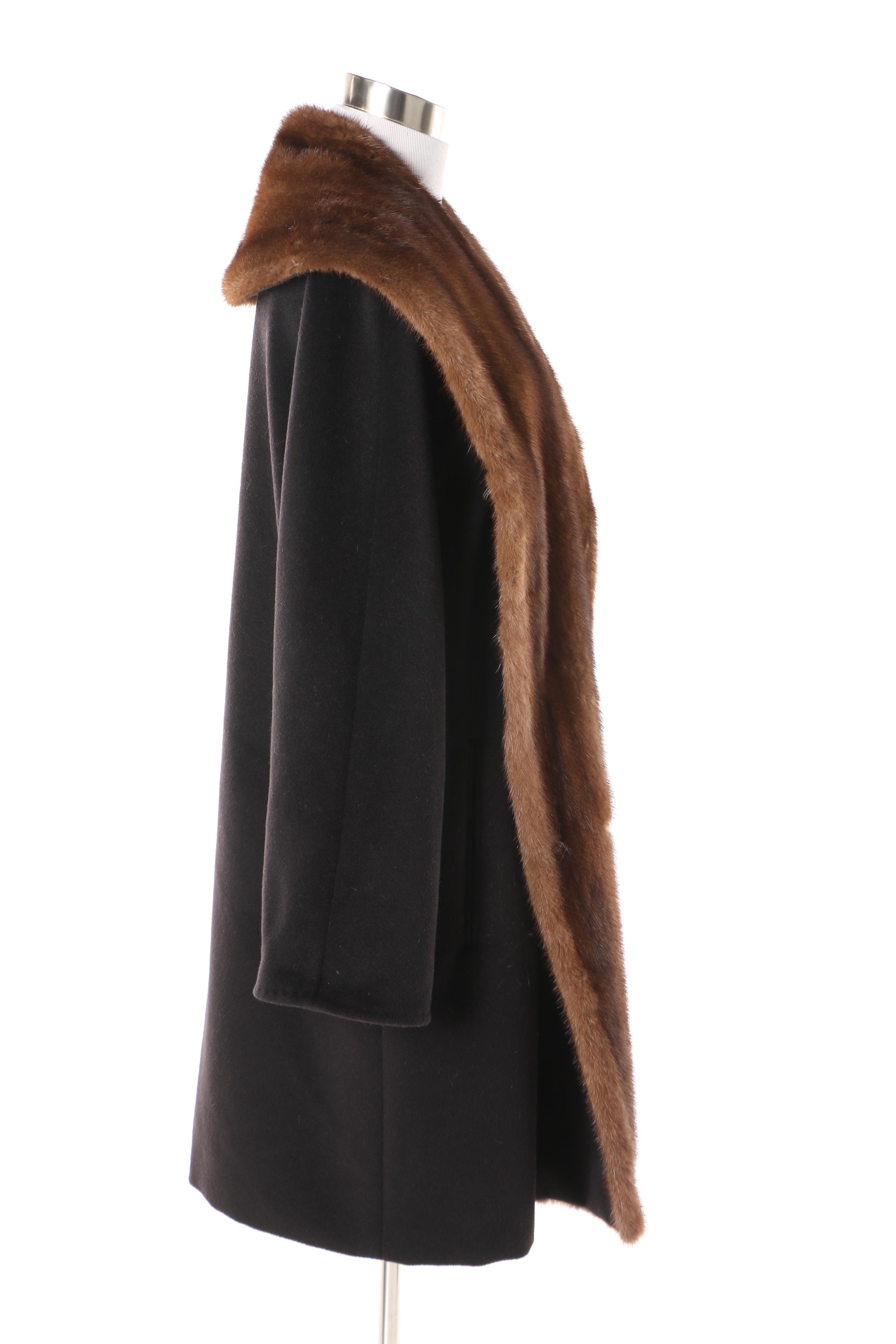 Women's Max Mara Black Wool Blend Coat with Mink Fur Collar