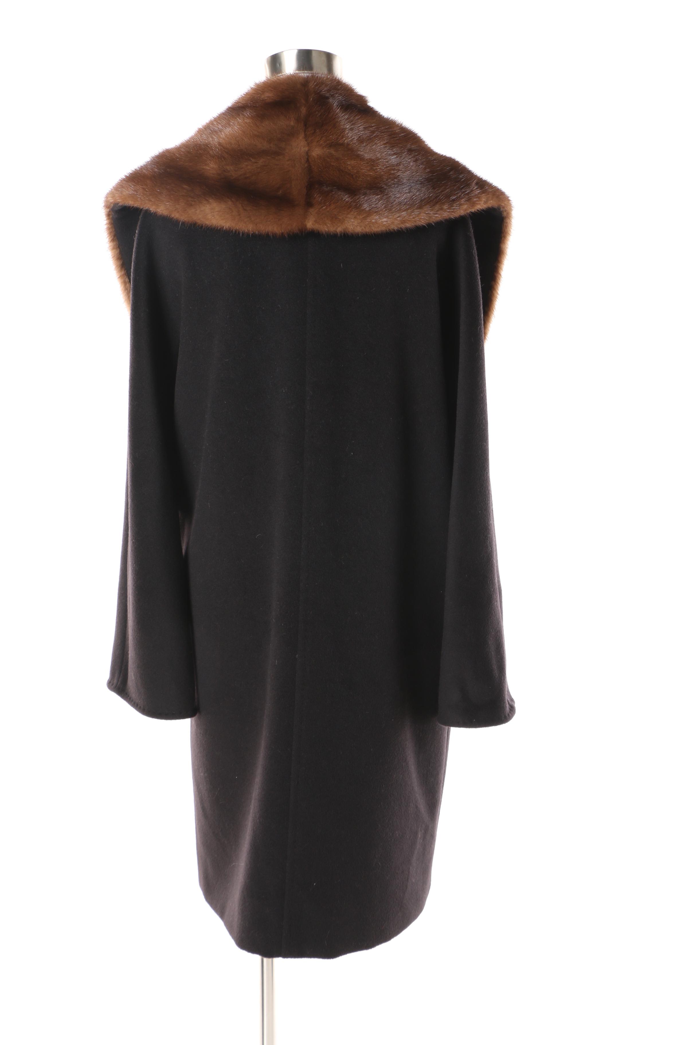 Women's Max Mara Black Wool Blend Coat with Mink Fur Collar