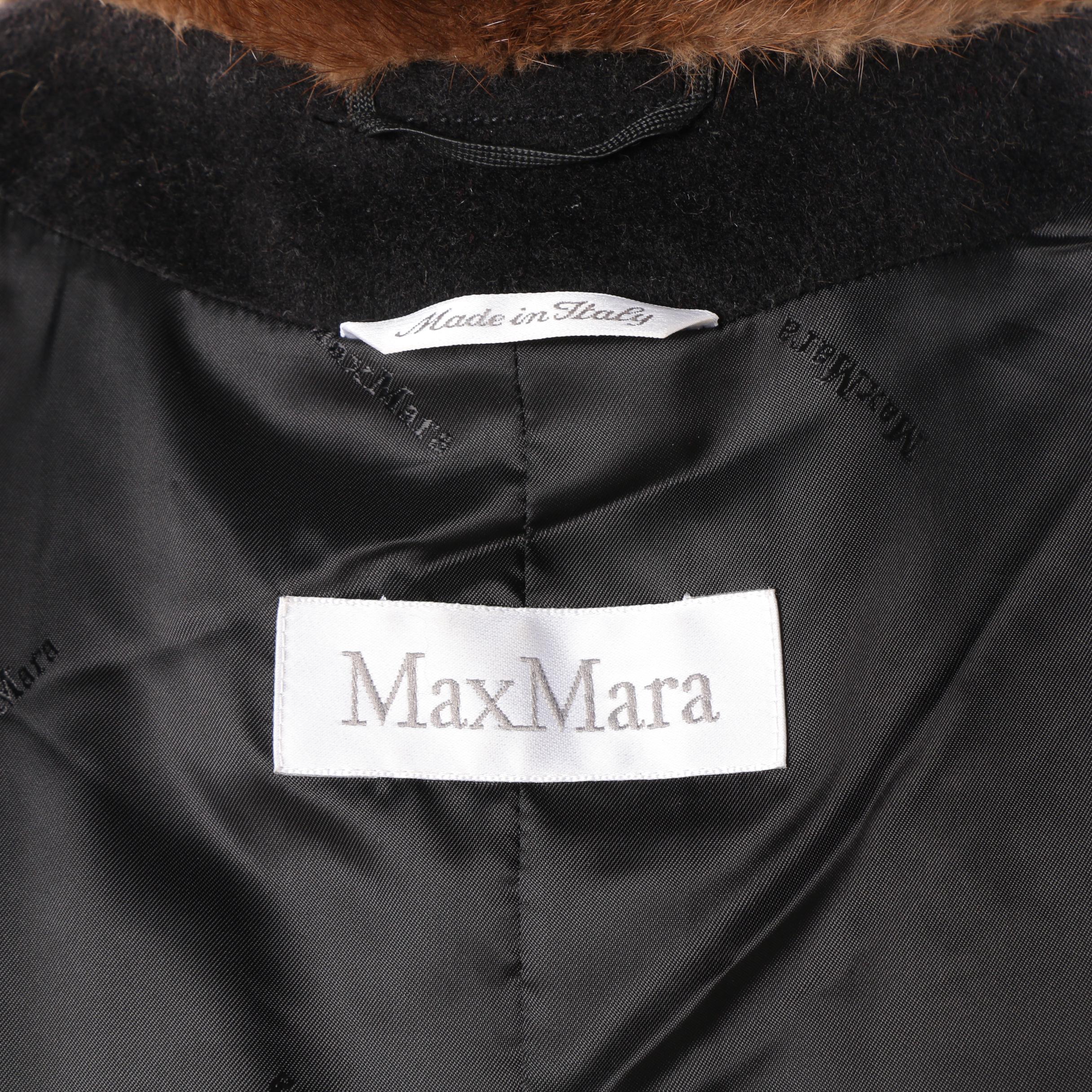 Women's Max Mara Black Wool Blend Coat with Mink Fur Collar
