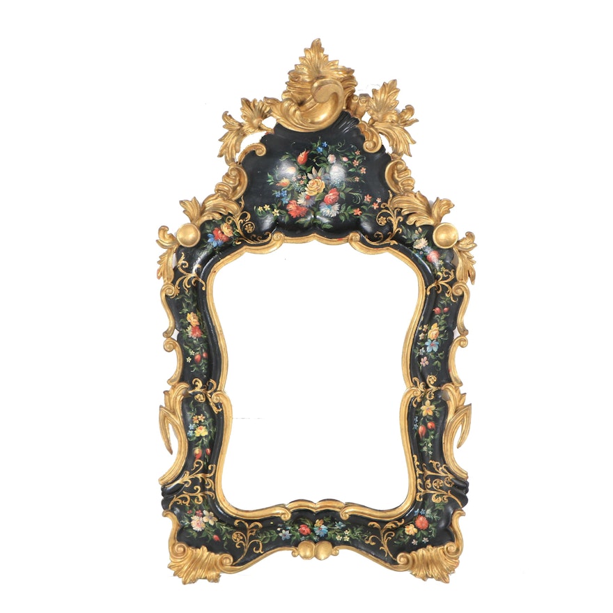 Rococo Style Hand-Painted and Gilt Accented Wall Mirror