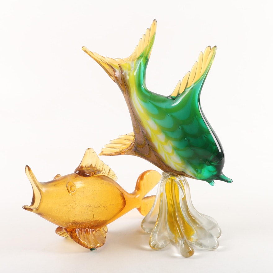 Murano Style Combed with Crackle Glass Fish Sculptures