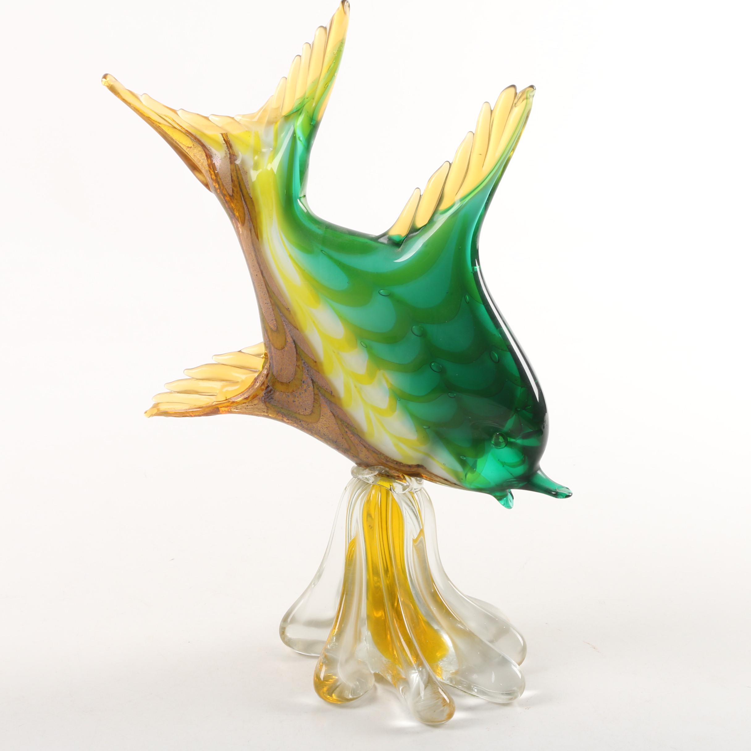 Murano Style Combed with Crackle Glass Fish Sculptures