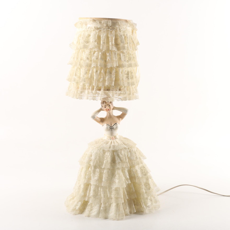 Mid Century Figural Ceramic Table Lamp with Tiered Lace Dress and Shade