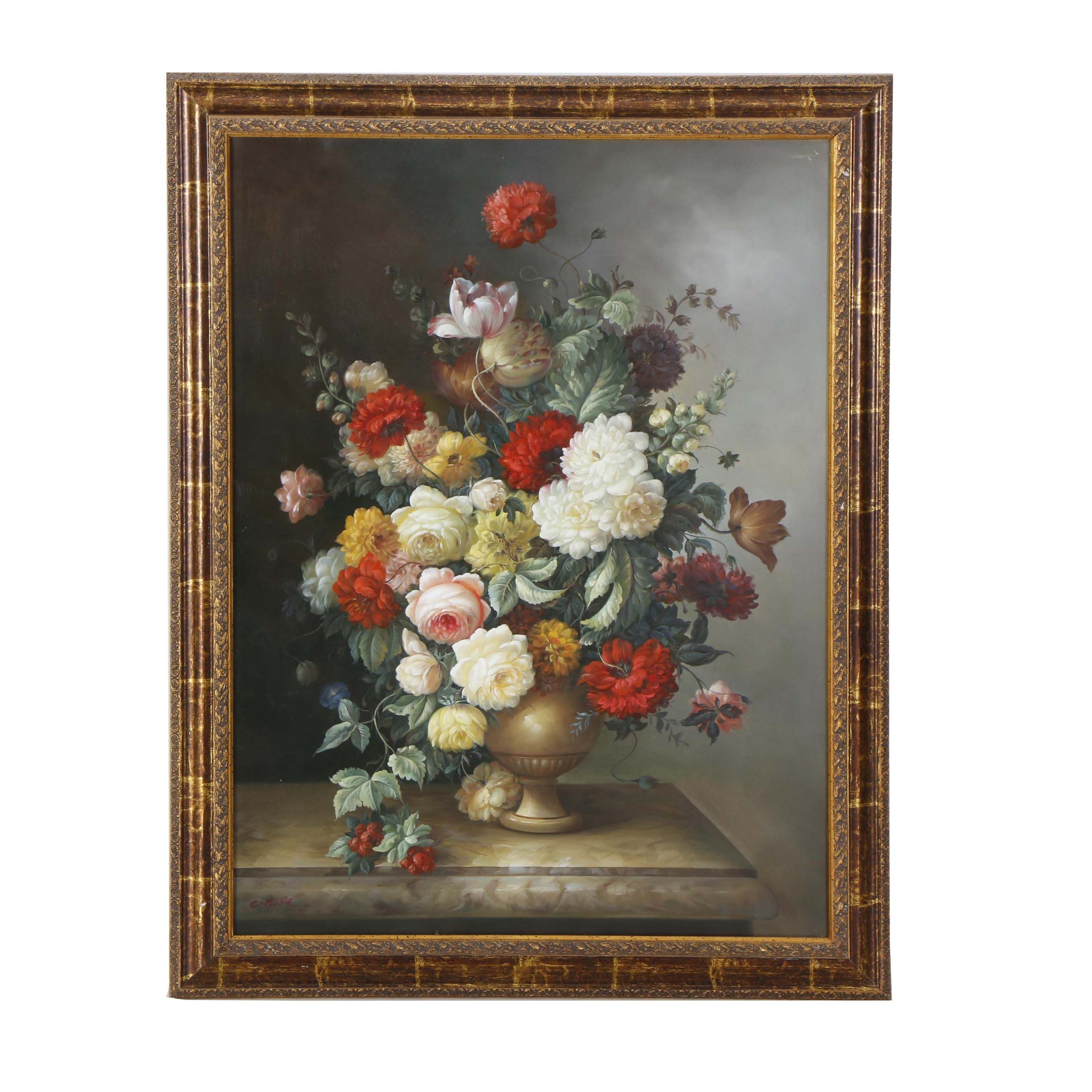 Large C. Hope Contemporary Oil Painting on Canvas of a Floral Still Life