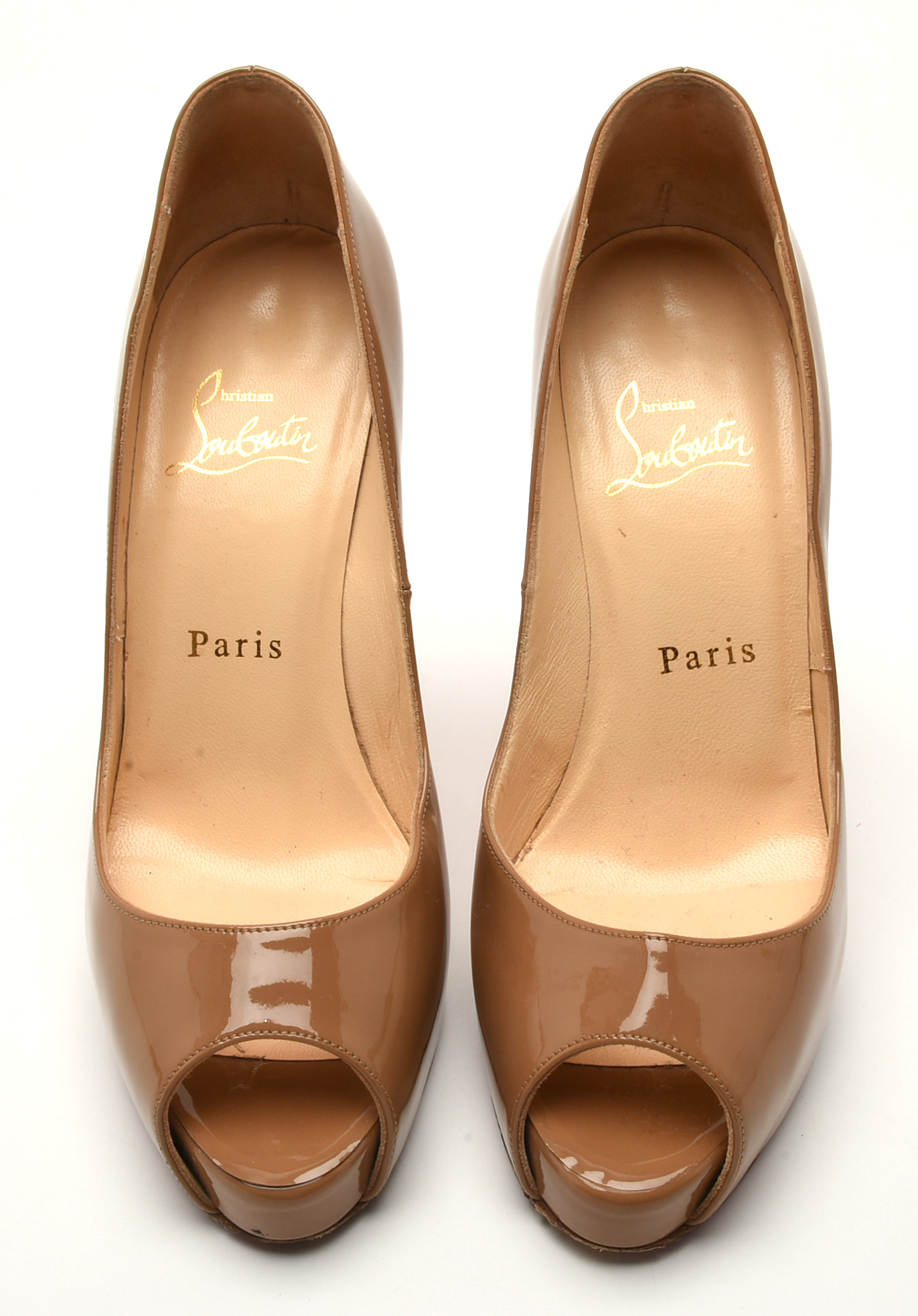 Christian Louboutin of Paris Cappuccino Patent Leather Open-Toe Platform Pumps