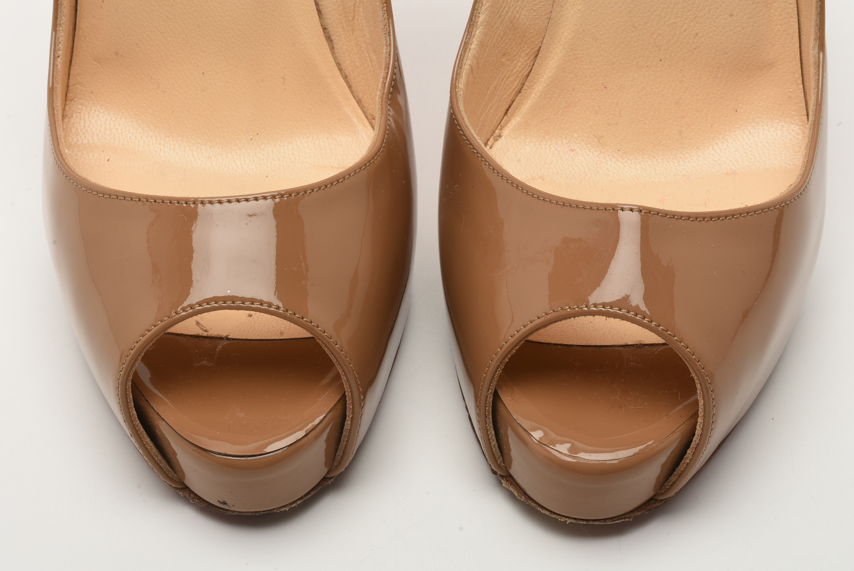 Christian Louboutin of Paris Cappuccino Patent Leather Open-Toe Platform Pumps