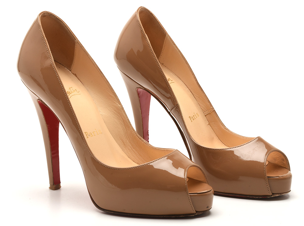 Christian Louboutin of Paris Cappuccino Patent Leather Open-Toe Platform Pumps