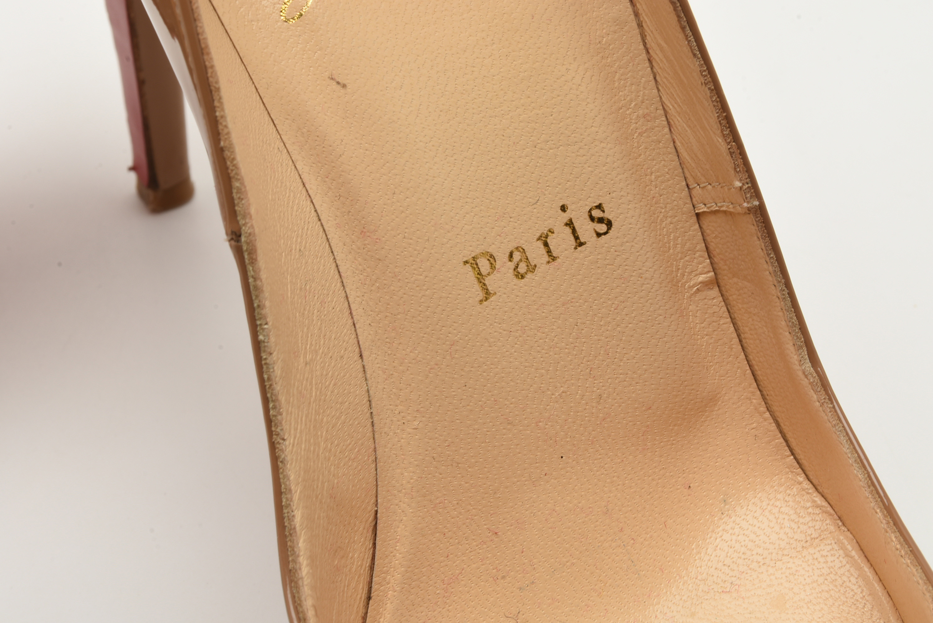 Christian Louboutin of Paris Cappuccino Patent Leather Open-Toe Platform Pumps