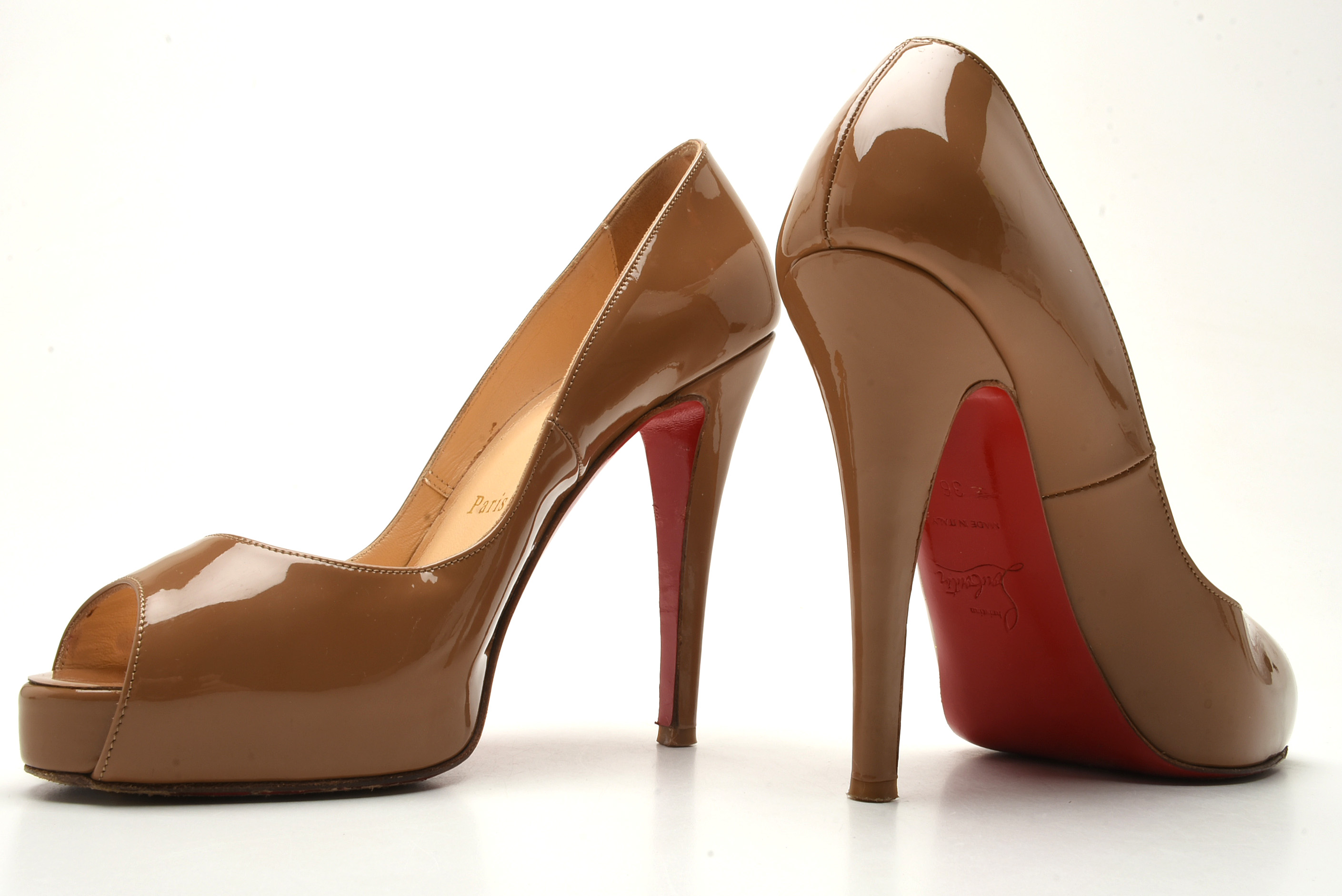Christian Louboutin of Paris Cappuccino Patent Leather Open-Toe Platform Pumps