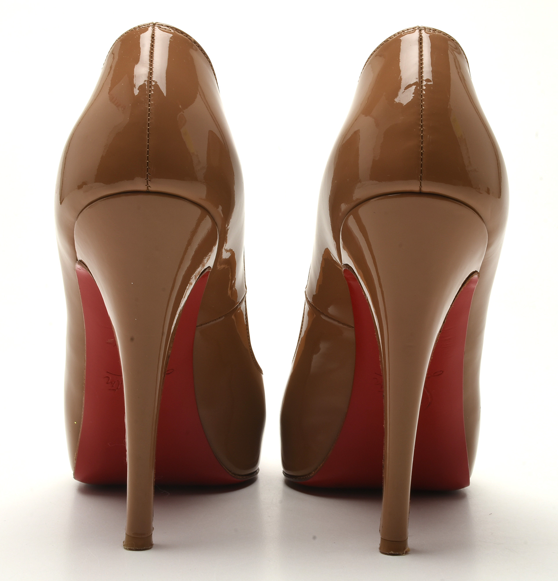 Christian Louboutin of Paris Cappuccino Patent Leather Open-Toe Platform Pumps