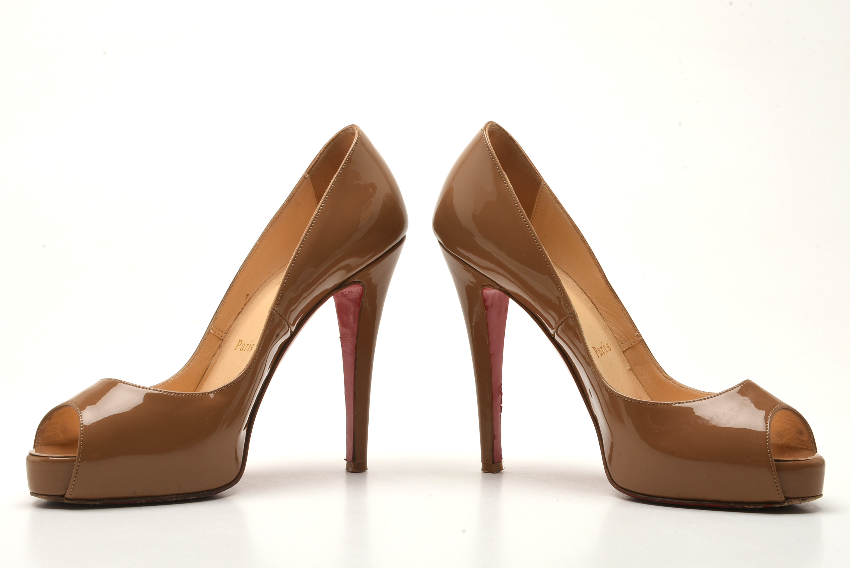 Christian Louboutin of Paris Cappuccino Patent Leather Open-Toe Platform Pumps