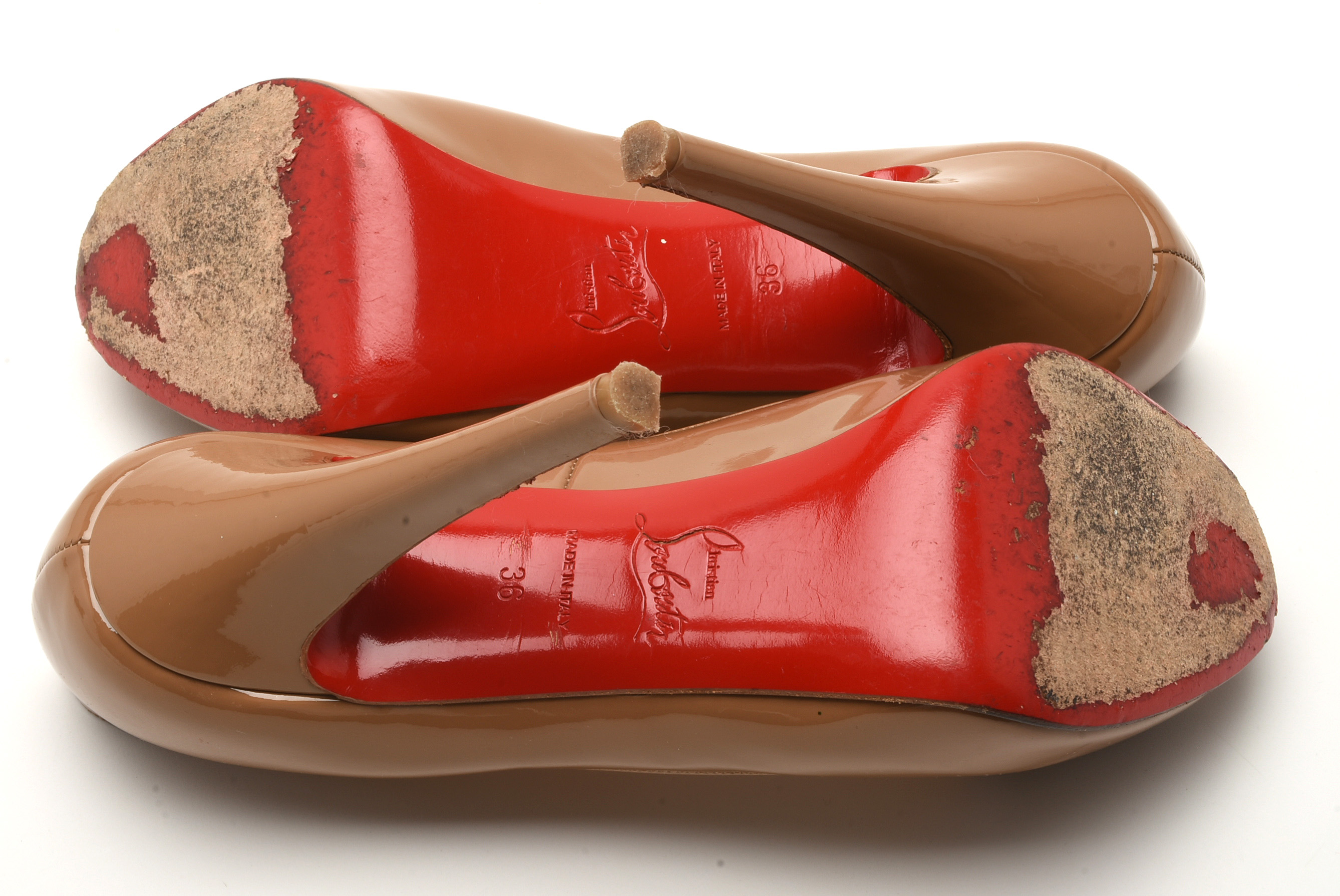 Christian Louboutin of Paris Cappuccino Patent Leather Open-Toe Platform Pumps