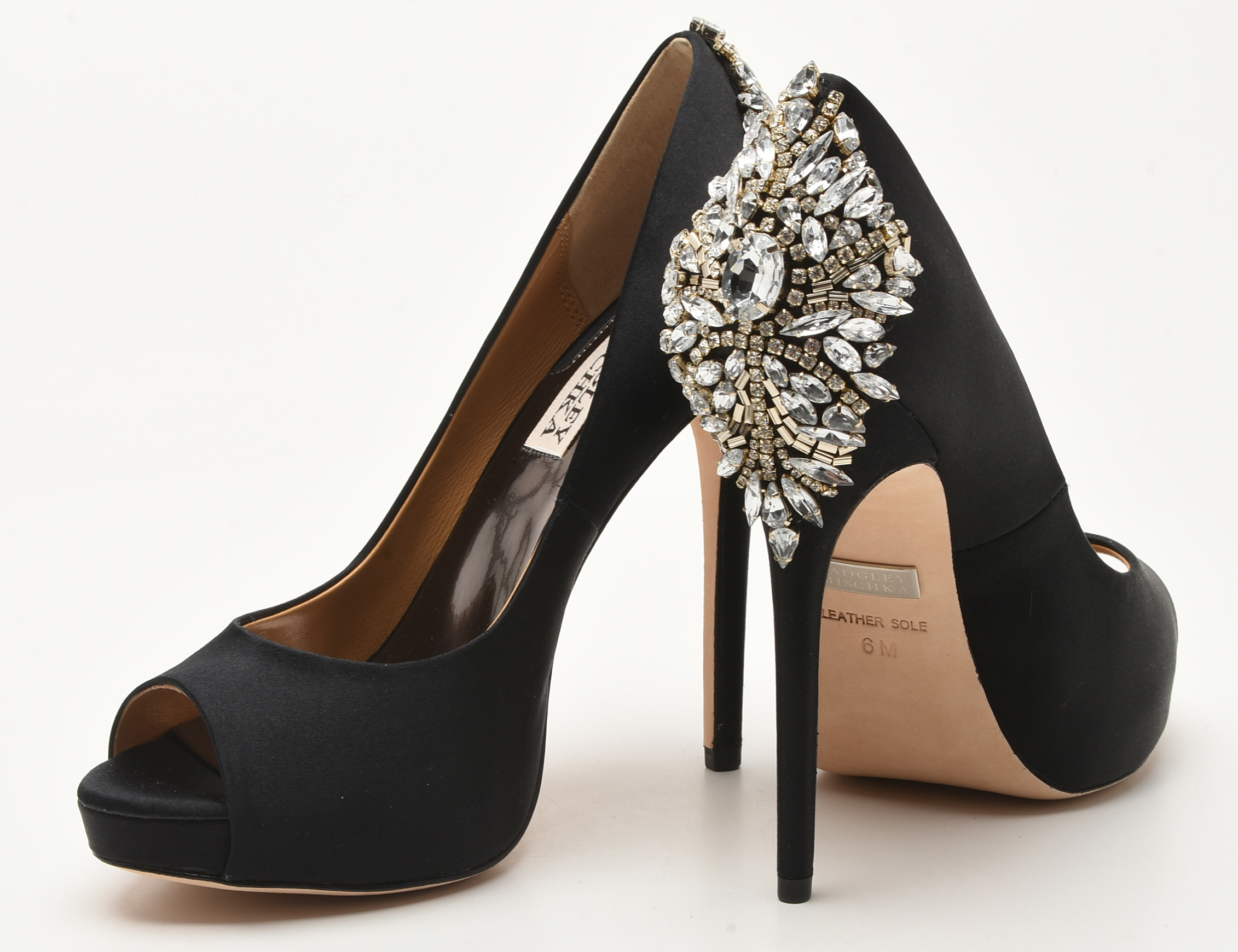 Badgley Mischka Black Satin and Glass Crystal Embellished Platform Kiara Pumps