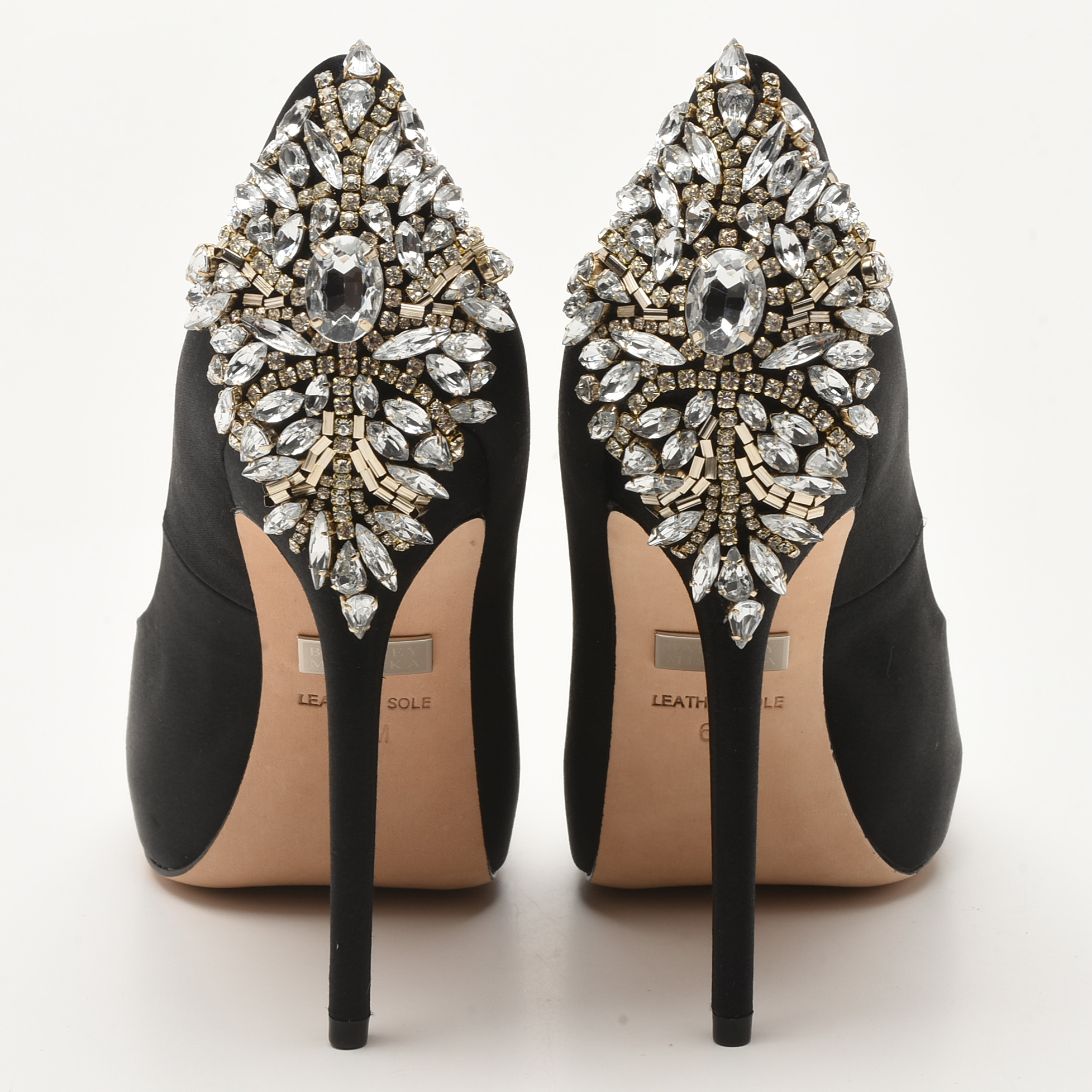 Badgley Mischka Black Satin and Glass Crystal Embellished Platform Kiara Pumps